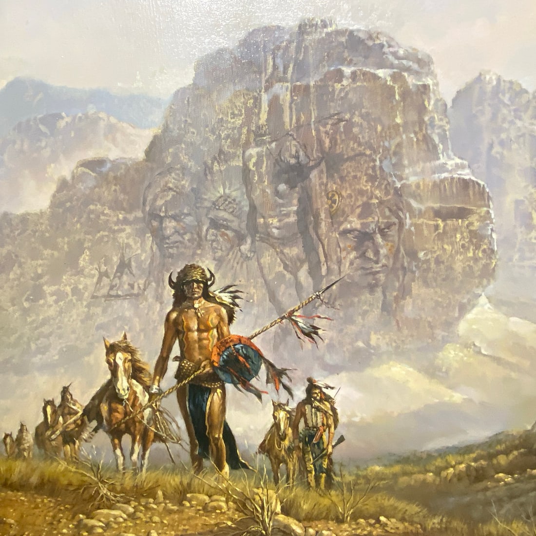 Surrealist Oil Painting Of Native Americans In Landscape With Horses R G Morcos: Surrealist Oil Painting Of Native Americans In Landscape With Horses R G Morcos——Oil on canvas…Size is 24” x 36”…With frame 31” x 43”..Good condition except one small t