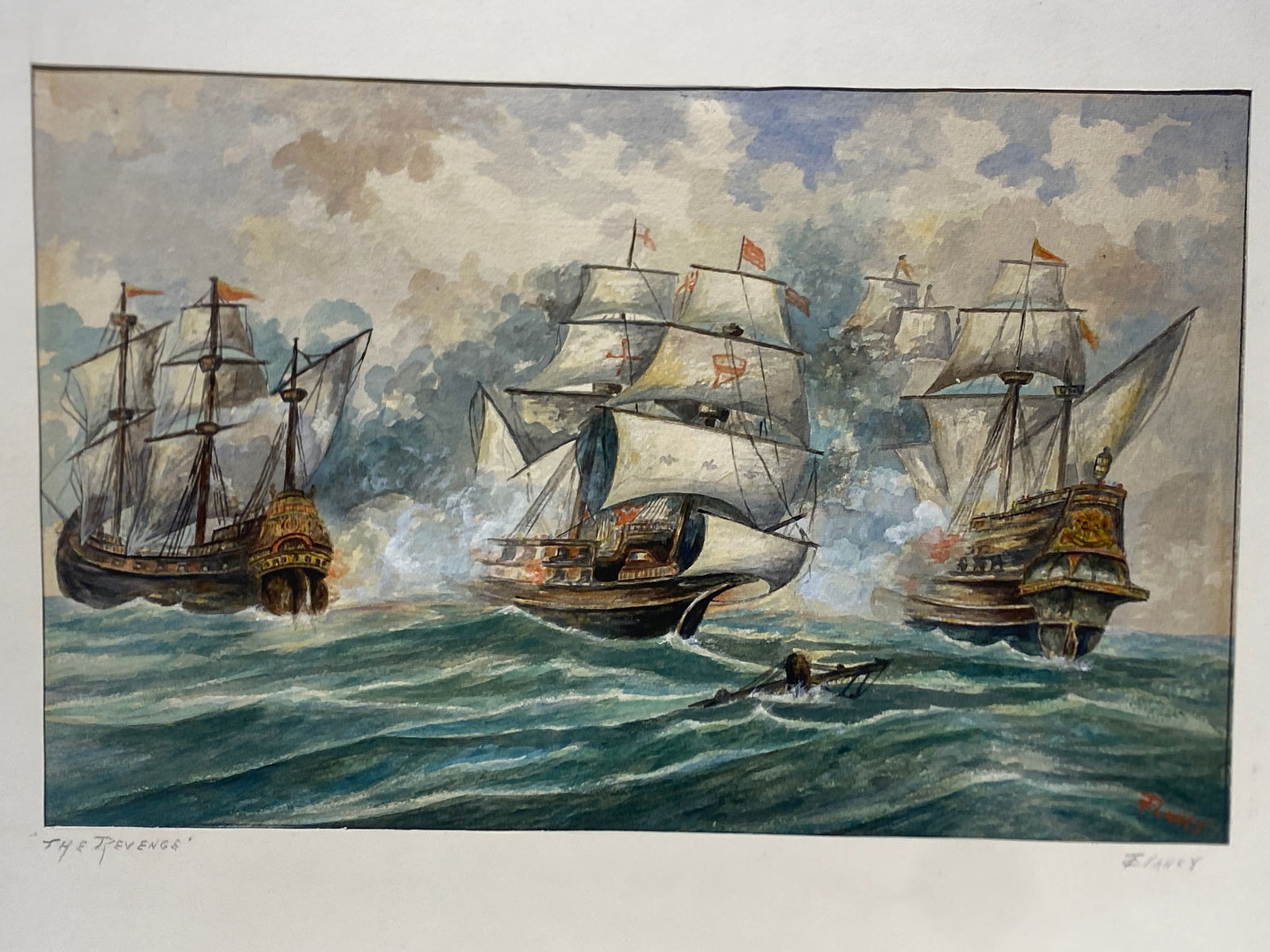 Vintage Clipper ship watercolor signed Flancy? Titled The Revenge: Vintage Clipper ship watercolor signed Flancy?..Size is 9 1/4” x 15”..