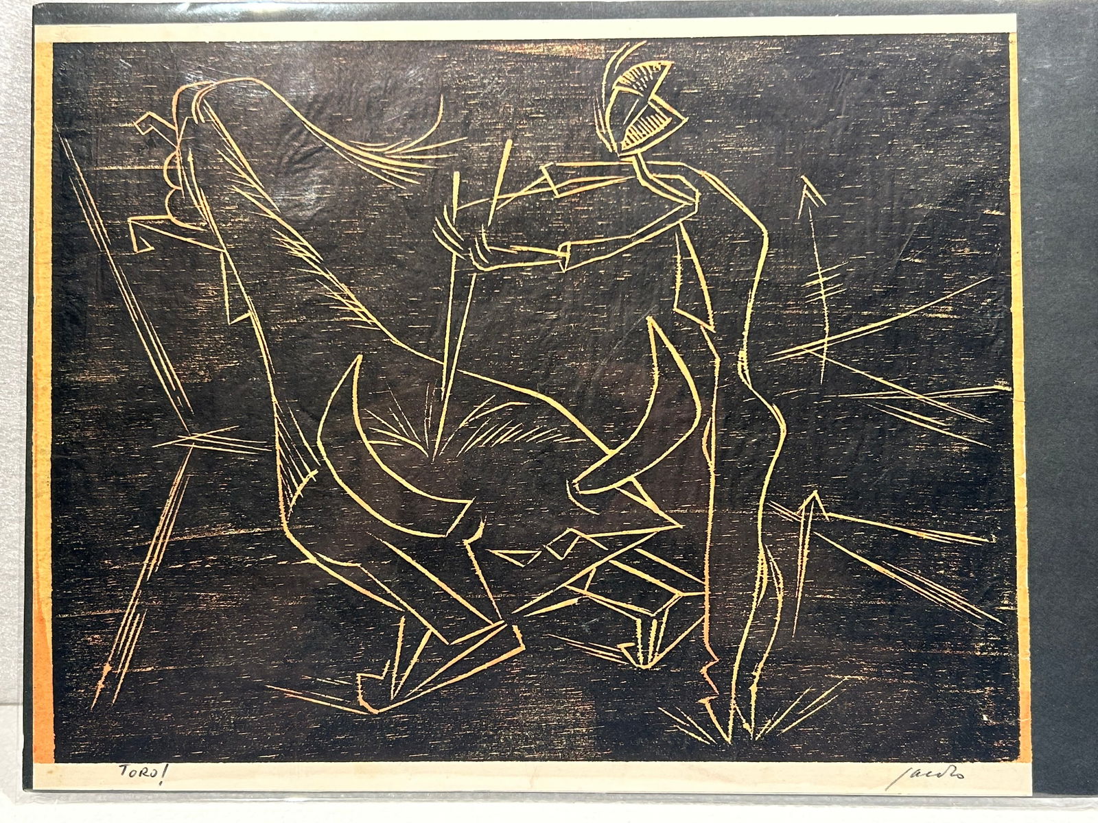 Mid Century Modern Toro Linocut Pencil Signed: Mid Century Modern Toro Linocut Pencil Signed