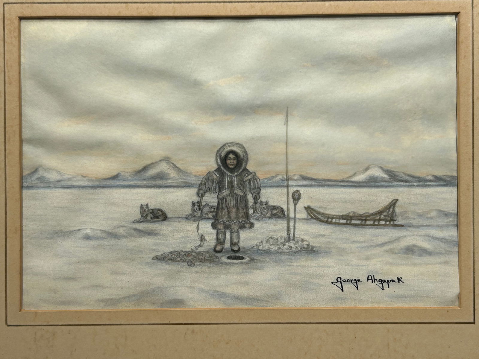 George Twok Aden Ahgupuk Original Signed Watercolor: George Twok Aden Ahgupuk..Size is 5" x 7"...George Aden Ahgupuk was born on October 8, 1911 in Shishmaref, Alaska. His Eskimo name was Twok meaning "man". He died on April 1, 2001 in Alaska. His