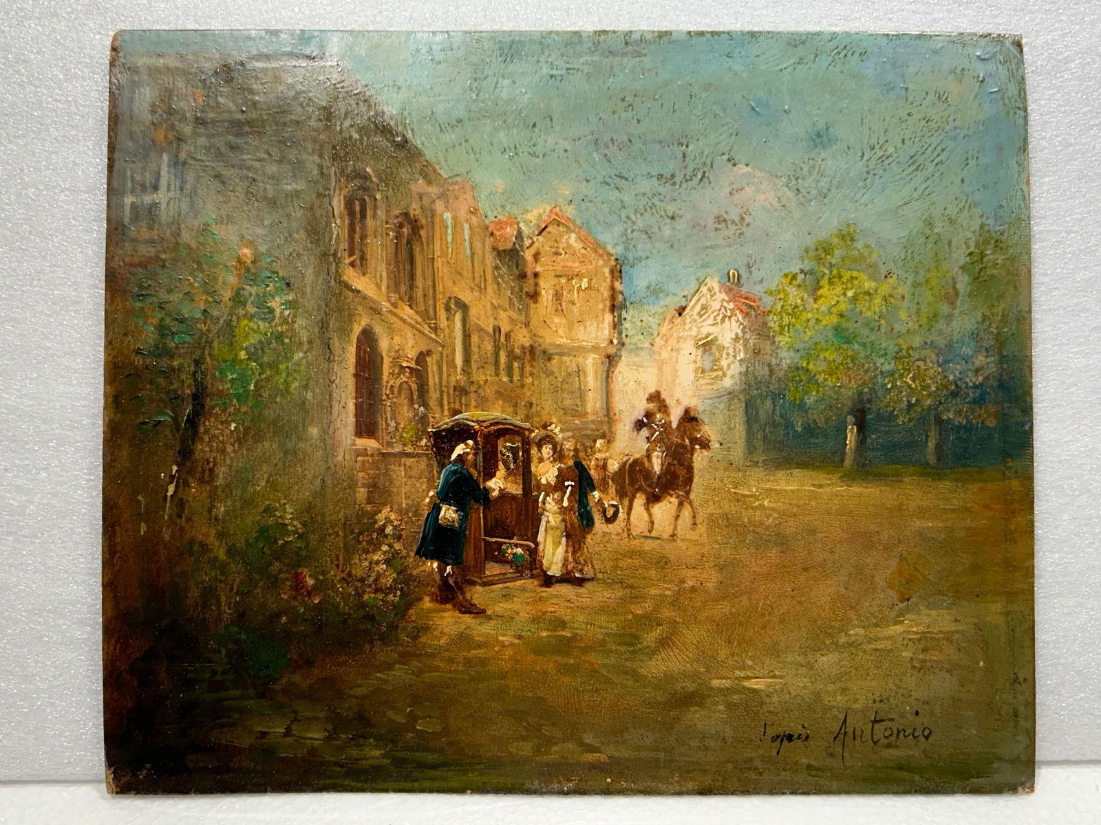 antique Italian or French Oil Painting Signed ???? Antonio City Scene: antique Italian Oil Painting Signed ???? Antonio.. Size is 8 1/2" x 10 1/2"..