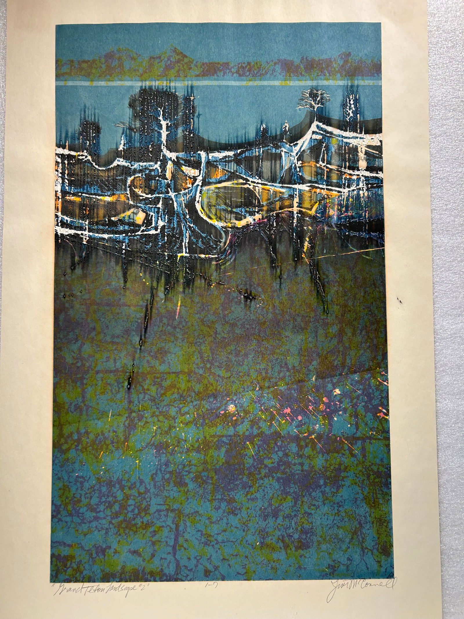 Mid Century Abstract Lithograph Signed: Mid Century Abstract Lithograph Signed,, 12" x 20".