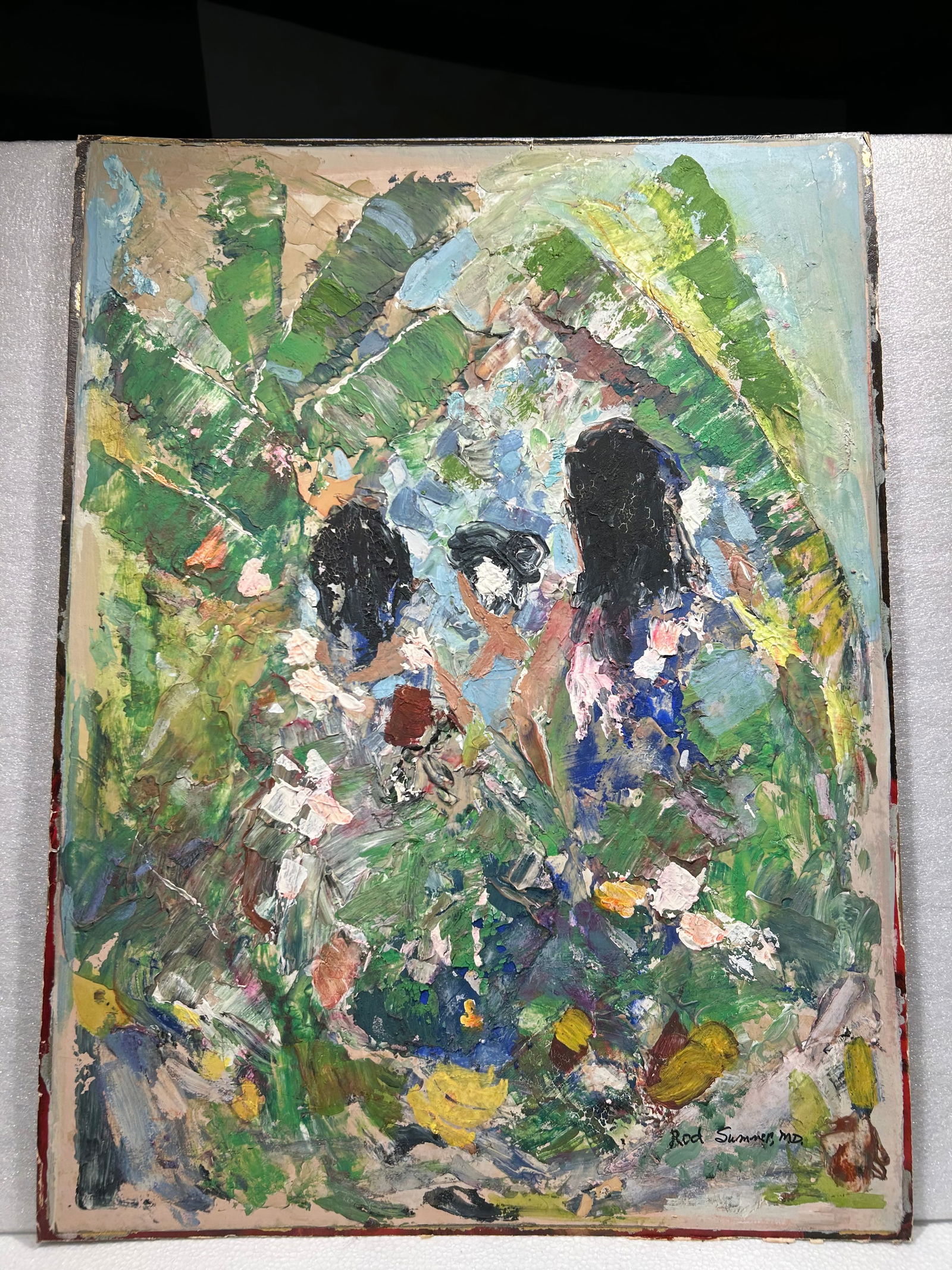 Rod Sumner oil painting island women mid century modernist: Rod Sumner oil painting island women..Oil on board.. 18” x 24”.