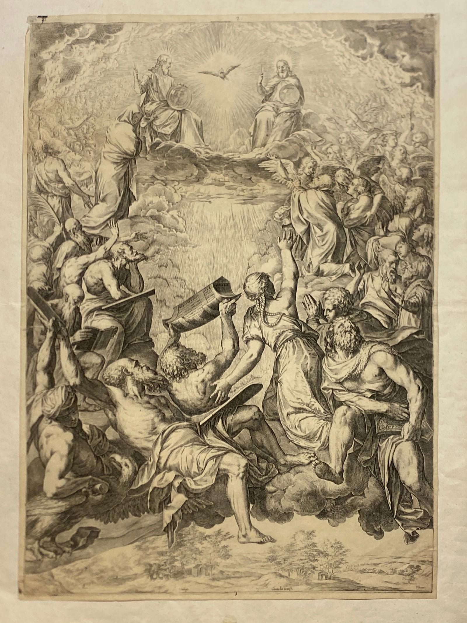 The Adoration of the Trinity Cornelis Cort After Titian (Tiziano Vecellio) Italian 1566 Engraving: The Adoration of the TrinityCornelis Cort NetherlandishAfter Titian (Tiziano Vecellio) Italian1566..Size is 15” x 21”..Is mounted in six small spots on a backing sheet.. This is an engravi