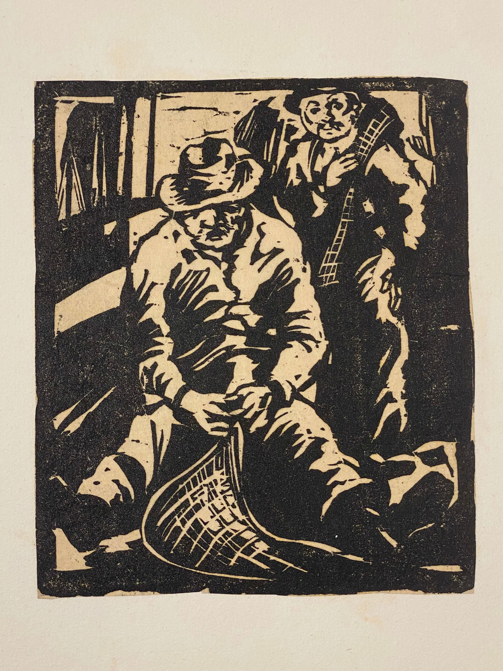 Vintage Woodcut Woodblock 2 Men Mending Net? Mystery Artist Numbered 7/100: Vintage Woodcut Woodblock 2 Men Mending Net? Mystery Artist Numbered 7/100..Image size 5” x 6”..