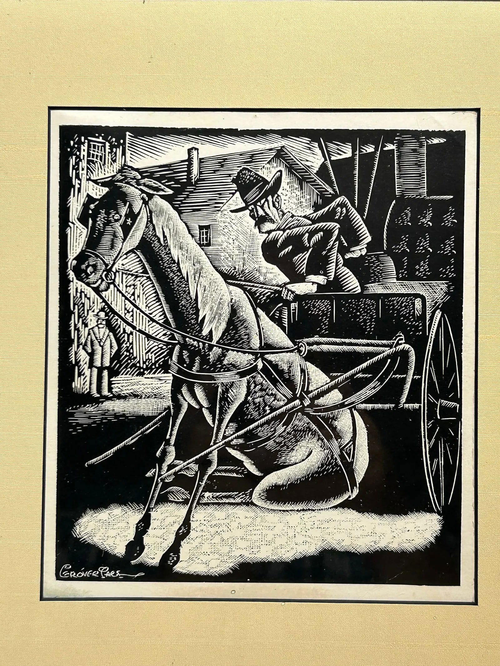 Grover Page woodcut print titled The First Sit Down Strike" created 1938: Grover Page woodcut print titled The First Sit Down Strike" created 1938..Image size 6” x 7”..Framed.