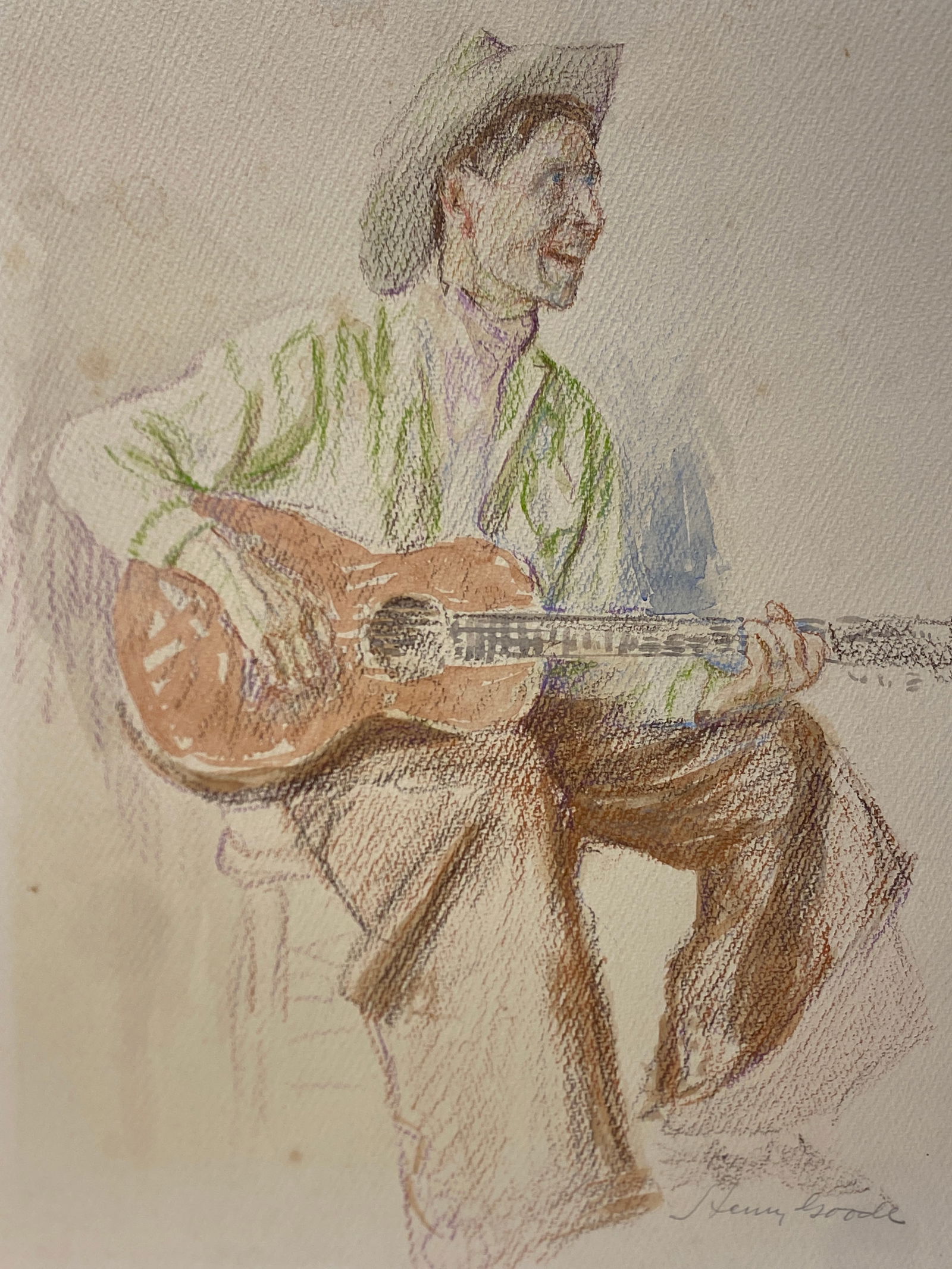 Henry B Goode Original Colored Pencil Drawing and watercolor of a Cowboy Guitar player: Henry B Goode Original Colored Pencil and watercolor Drawing of a Cowboy Guitar player..Size is 11" x 15"..
