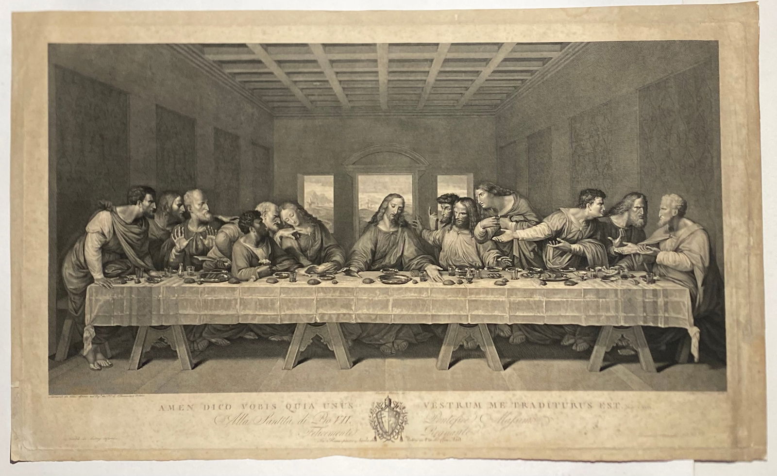 Engraving The Last Supper of Leonardo Da Vinci by Rainaldi Francesco, 18th century: Engraving The Last Supper of Leonardo Da Vinci by Rainaldi Francesco, 18th century..Size with margins 19 1/8”X 31 1/2..