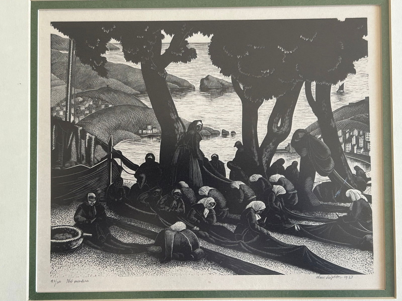 Clare Leighton (1898-1989) "The Net Menders,' 1933 woodcut: Clare Leighton (1898-1989) "The Net Menders,' 1933 wood engraving ..Image: 6.125" H x 7.625" W; Sheet: 9.25" H x 11"….