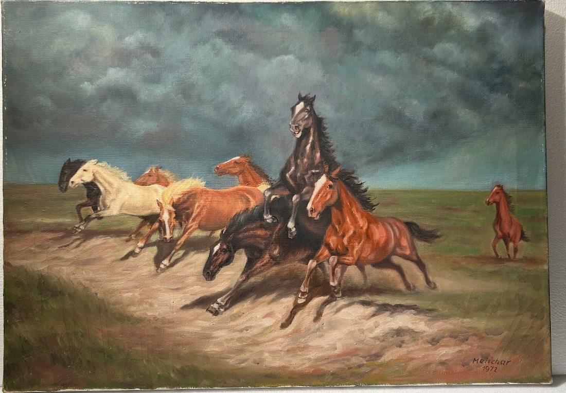 Vintage Oil Painting of Wild Horses signed Melichar: Vintage Oil Painting of Wild Horses signed Melichar.. size is 20” x 28”..