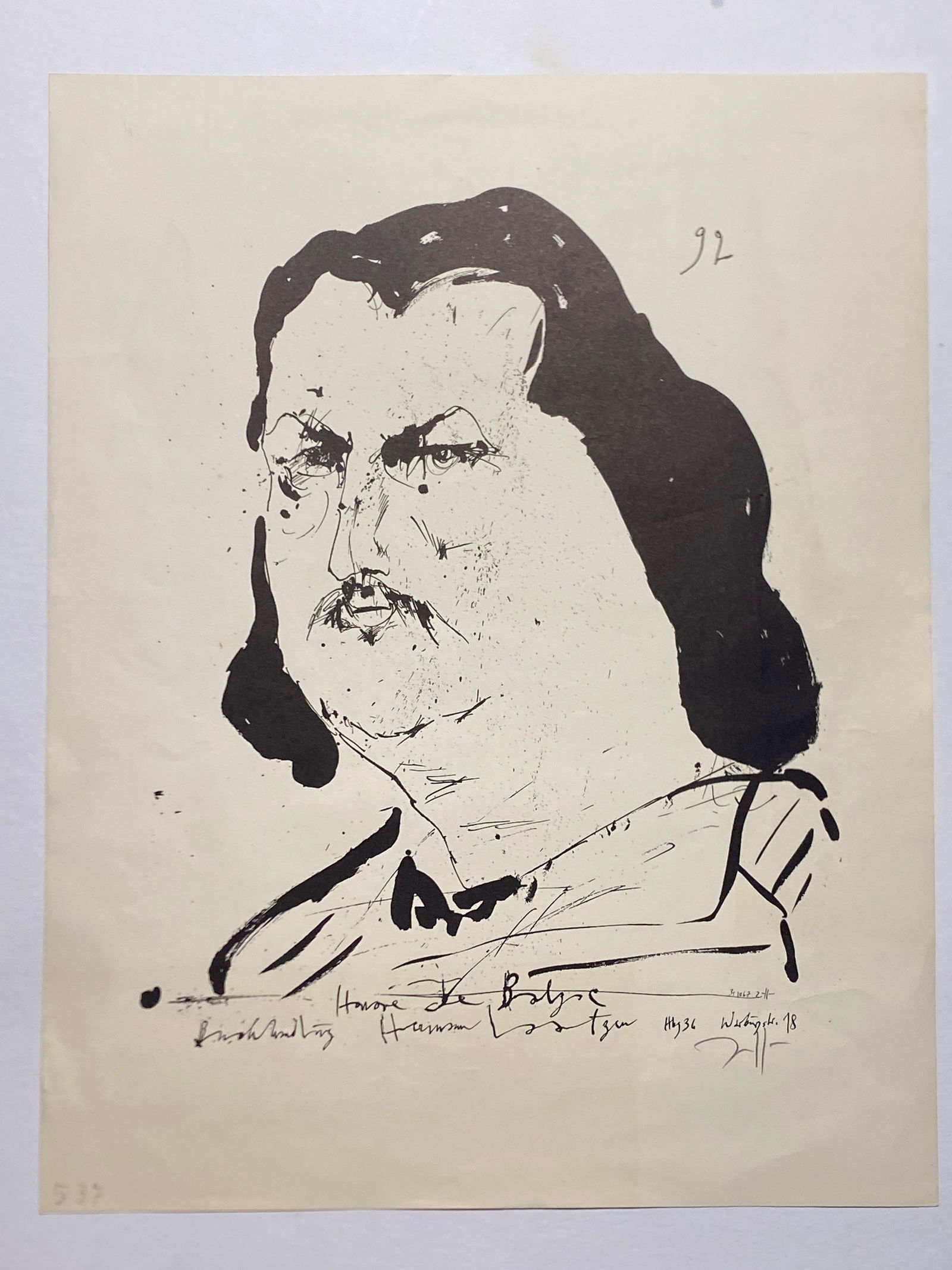 Lithograph "HONORE DE BALZAC", Horst Jannsen 1967, signed.: Lithograph "HONORE DE BALZAC", Horst Jannsen 1967, signed—-17” x 21 5/8”
