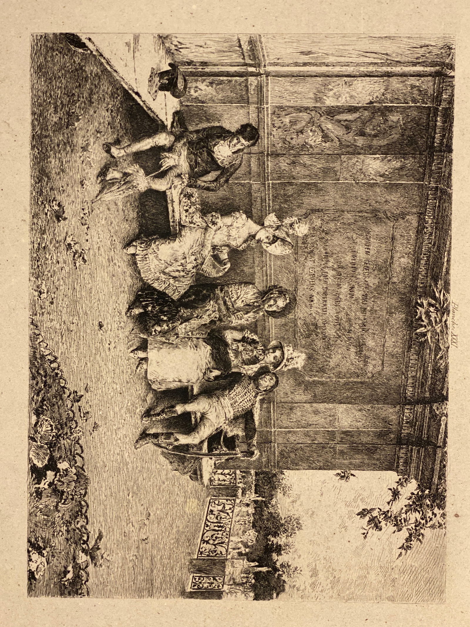 LOUIS MONZIES(19c,FRANCE)ETCHING W/ REMARQUE OF FAMILY SEATED OUT DOORS CEMETERY: LOUIS MONZIES(19c,FRANCE)ETCHING W/ REMARQUE OF FAMILY SEATED OUT DOORS CEMETERY—-Size is 10 1/2” x 12 1/2”..