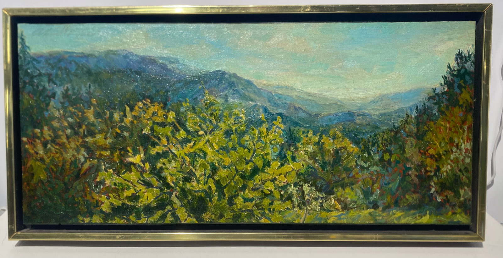 Morrell Wise Impressionist oil painting beautiful landscape: Vintage Impressionist oil painting beautiful landscape—-Size is 10 1/2” x 23 1/2”..With frame 12 1/4” x 25”..