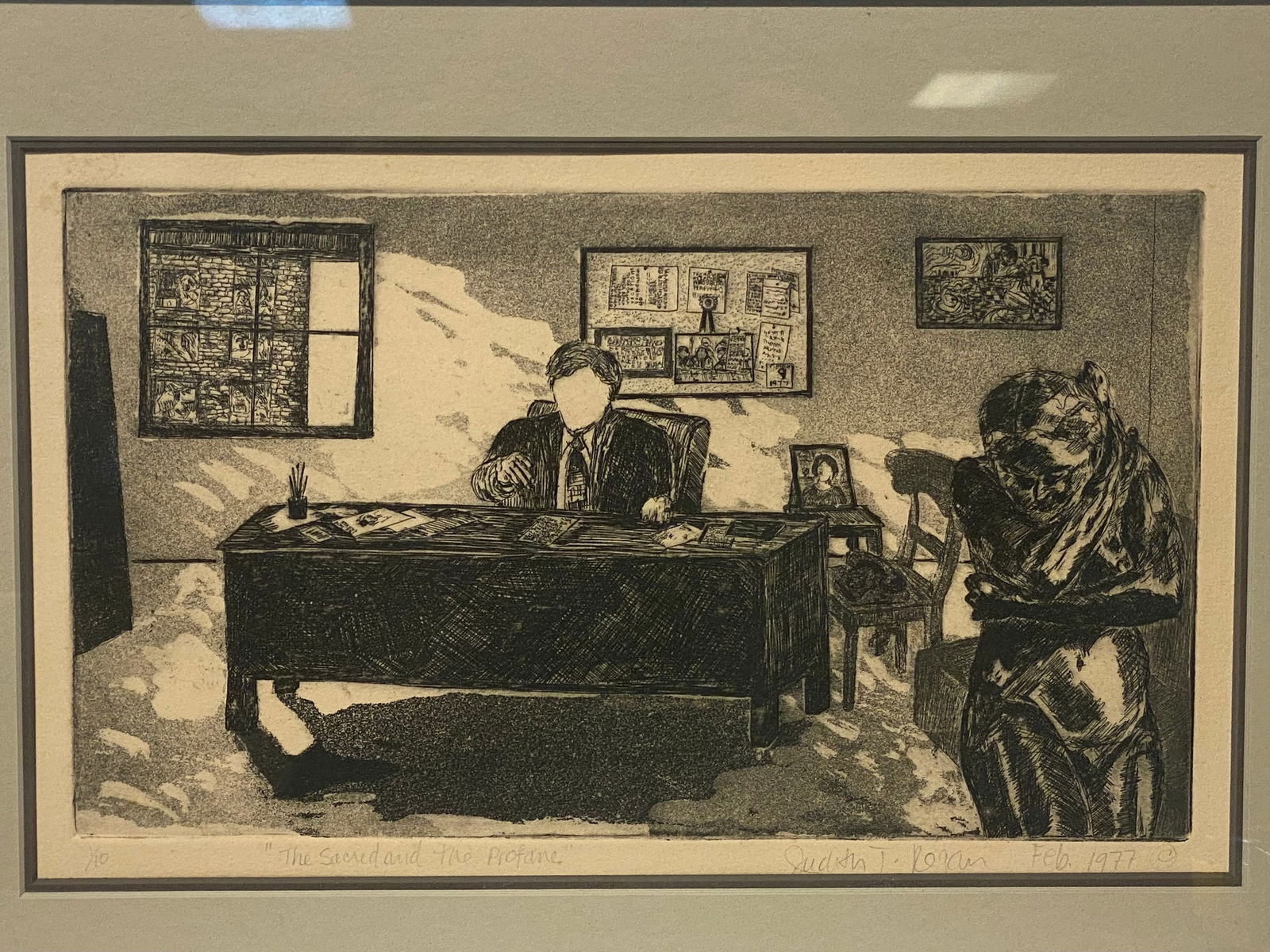 Original vintage etching Faceless man at desk 1977 Judith Regan: Original vintage etching Faceless man at desk 1977..Size to the plate 7” x 11 3/4”..