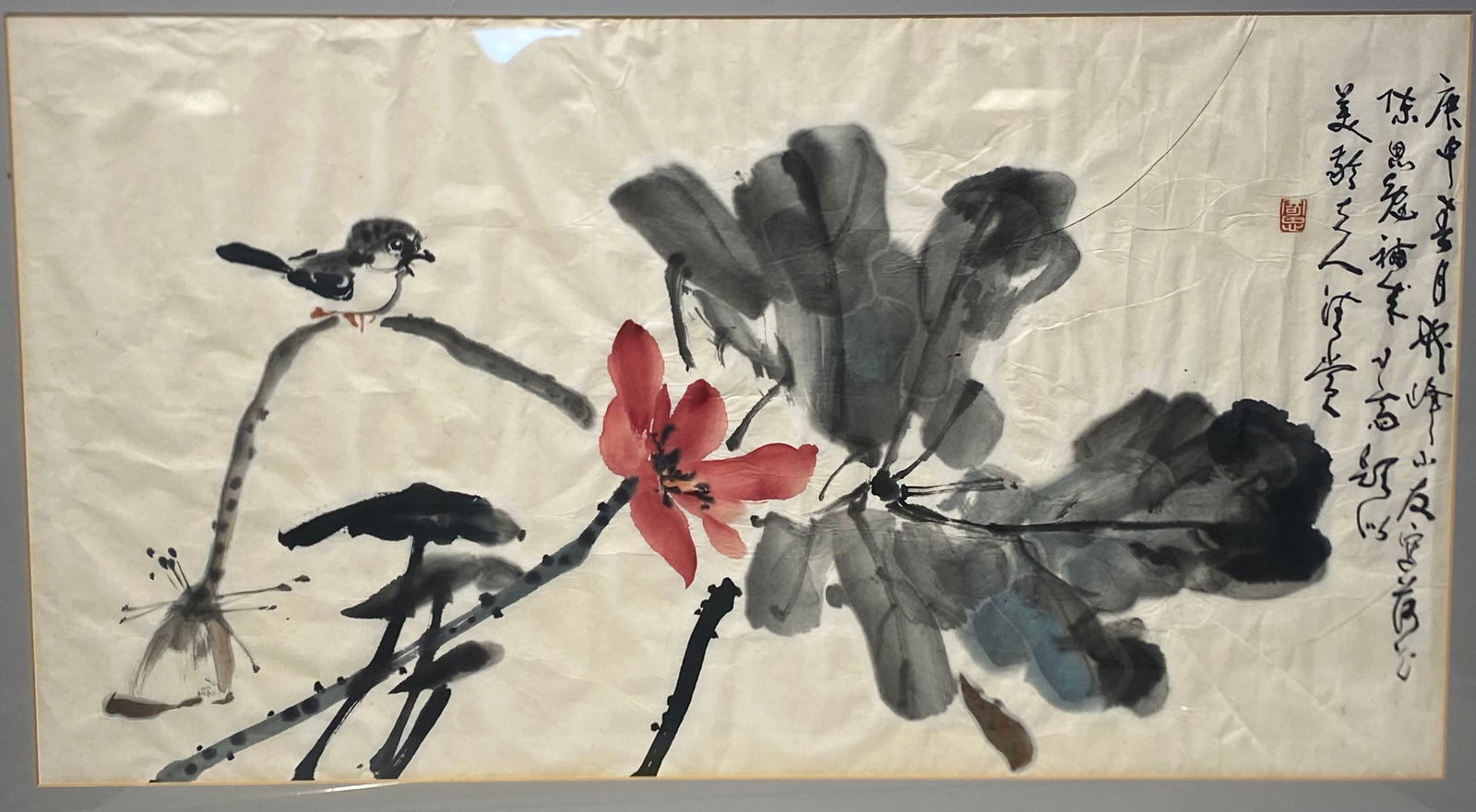 Vintage Chinese watercolor painting of a bird on a branch with flower: Vintage Chinese watercolor painting of a bird on a branch with flower..Size to the mat is 14” x 26”..International shipping on all larger framed items will be sent without the glass..