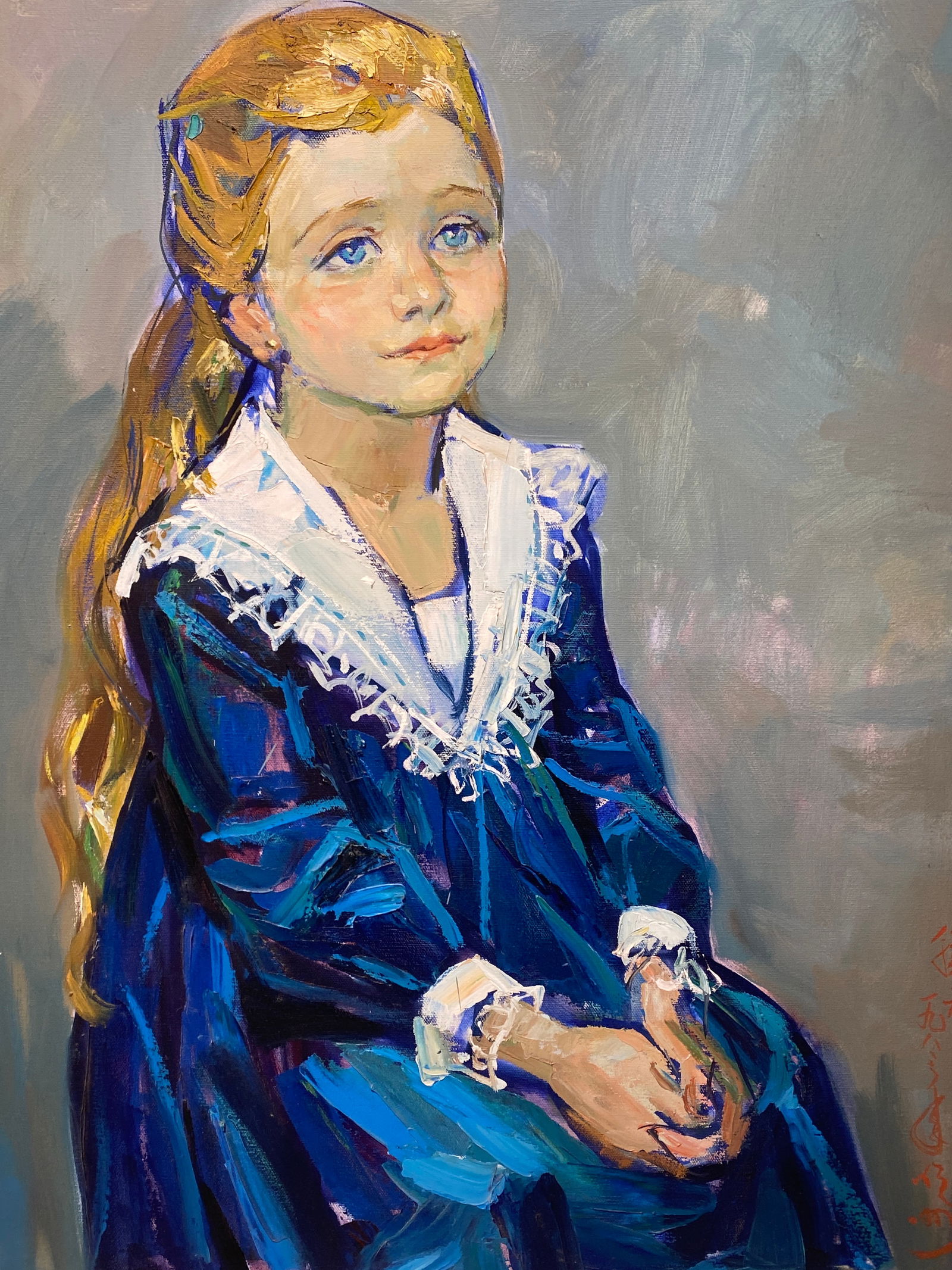 Vintage Modernist Portrait of Girl in Blue Dress Signed Japanese or Chinese Artist: Vintage Modernist Portrait of Girl in Blue Dress Signed Japanese or Chinese Artist..Oil on canvas.. size is 22” x 28”..Sized lower right..Excellent condition