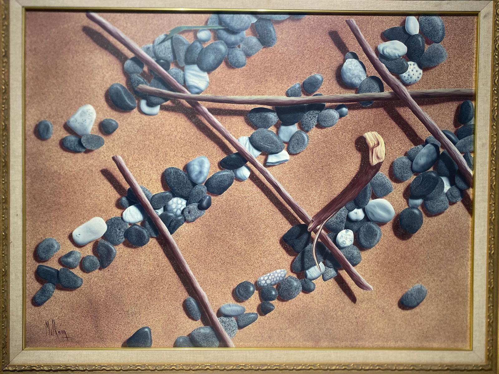 Dominique Mulhem Original Large oil painting Realism Still life with Rocks and Sticks: Dominique Mulhem Original Large oil painting Realism Still life with Rocks and Sticks.. oil on canvas.. 30” x 40”..With frame size 26” x 46”..
