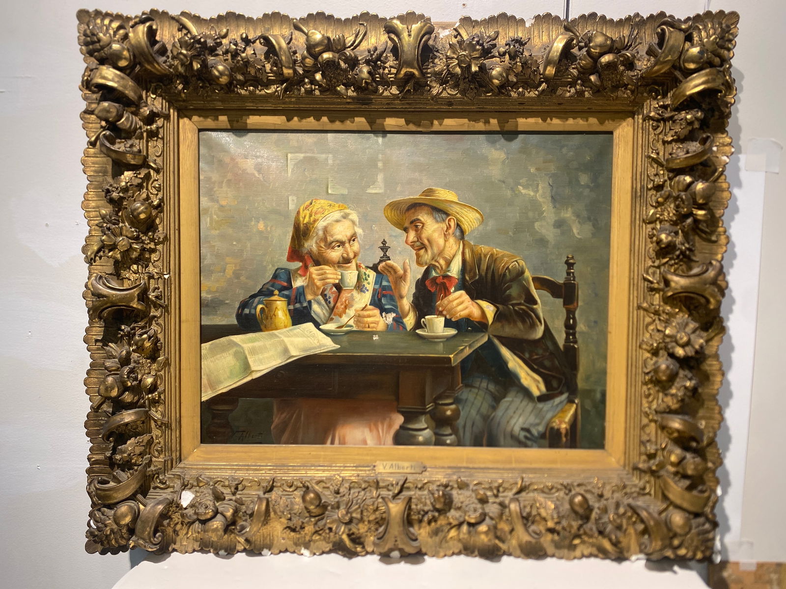 Italian oil painting of couple having Tea Signed V. Alberti Very well done Circa early 20th Century: Italian oil painting of couple having Tea Signed V. Alberti Very well done Circa early 20th Century.. canvas size is 19” x 24”..With frame 30” x 35.. the frame is incredible.. does