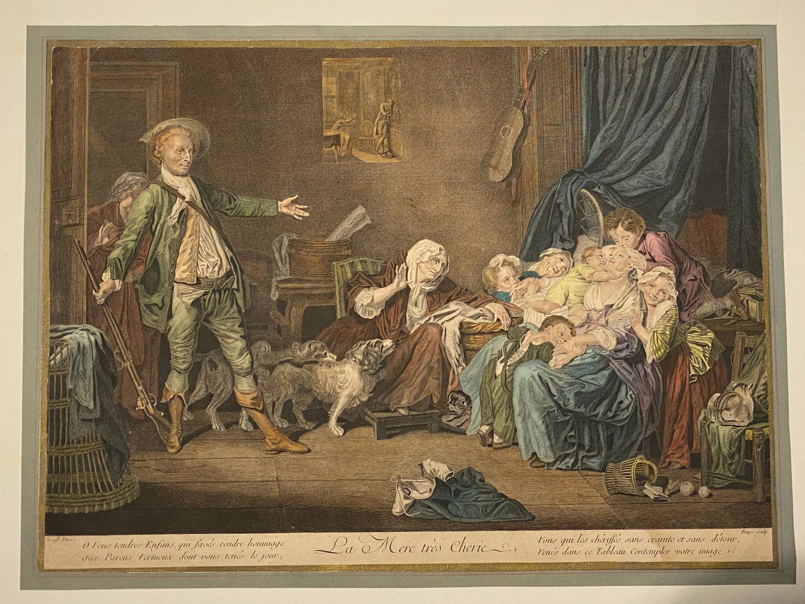 The Well-Beloved Mother" (French: La Mère bien aimée) by Jean-Baptiste Greuze colored engraving: The Well-Beloved Mother" (French: La Mère bien aimée) by Jean-Baptiste Greuze colored engraving ..13 1/4” x 18”..