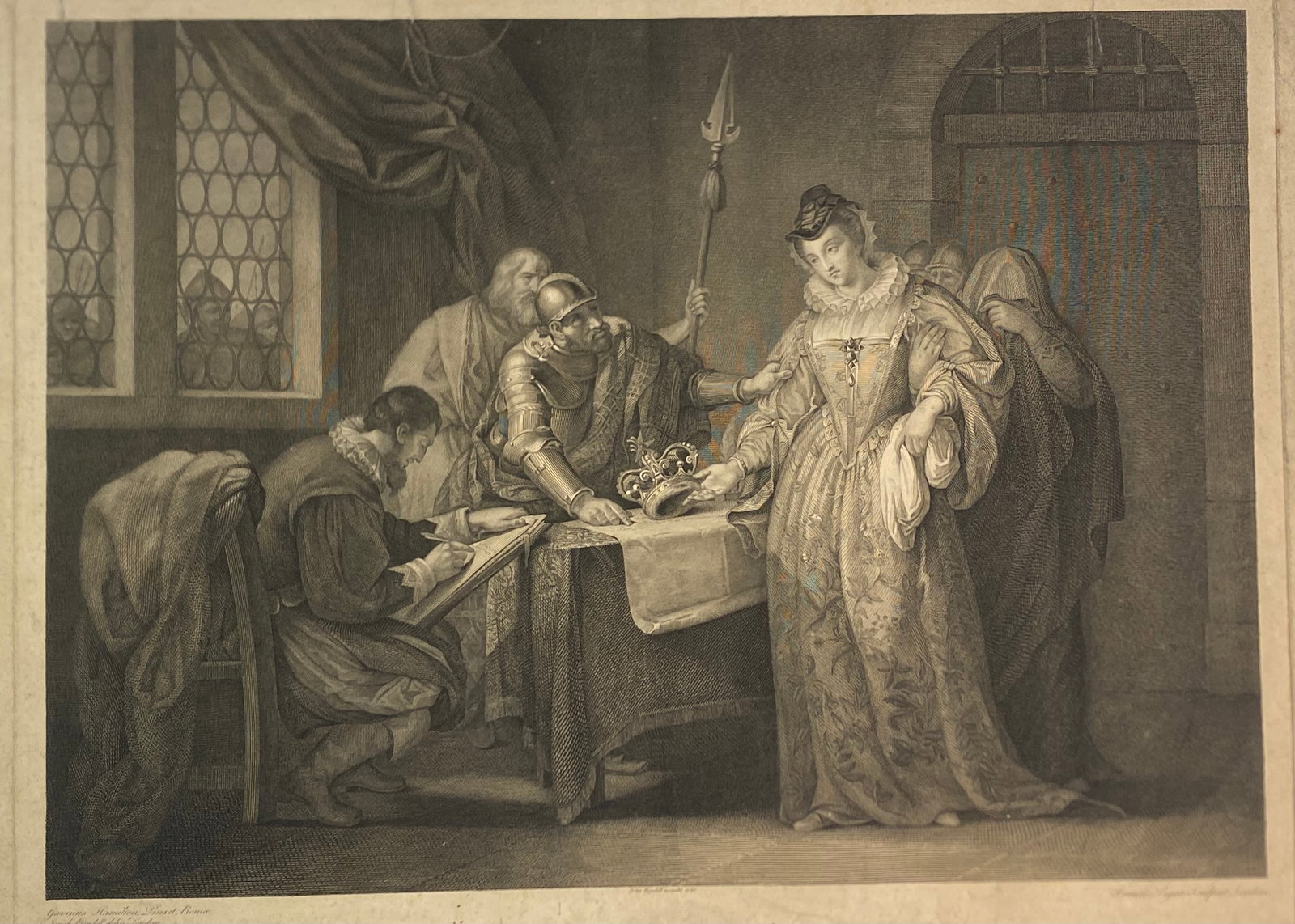 Title: The Abdication of Mary Queen of Scots Engraving Francis Legat after Gavin Hamilton 1786: Artists: Francis Legat (1755 - 1809) Scottish—After: Gavin Hamilton (1723 - 1798) Scottish—Title: The Abdication of Mary Queen of Scots—Date: Published 1786–Materials: Engraving on paper—- t