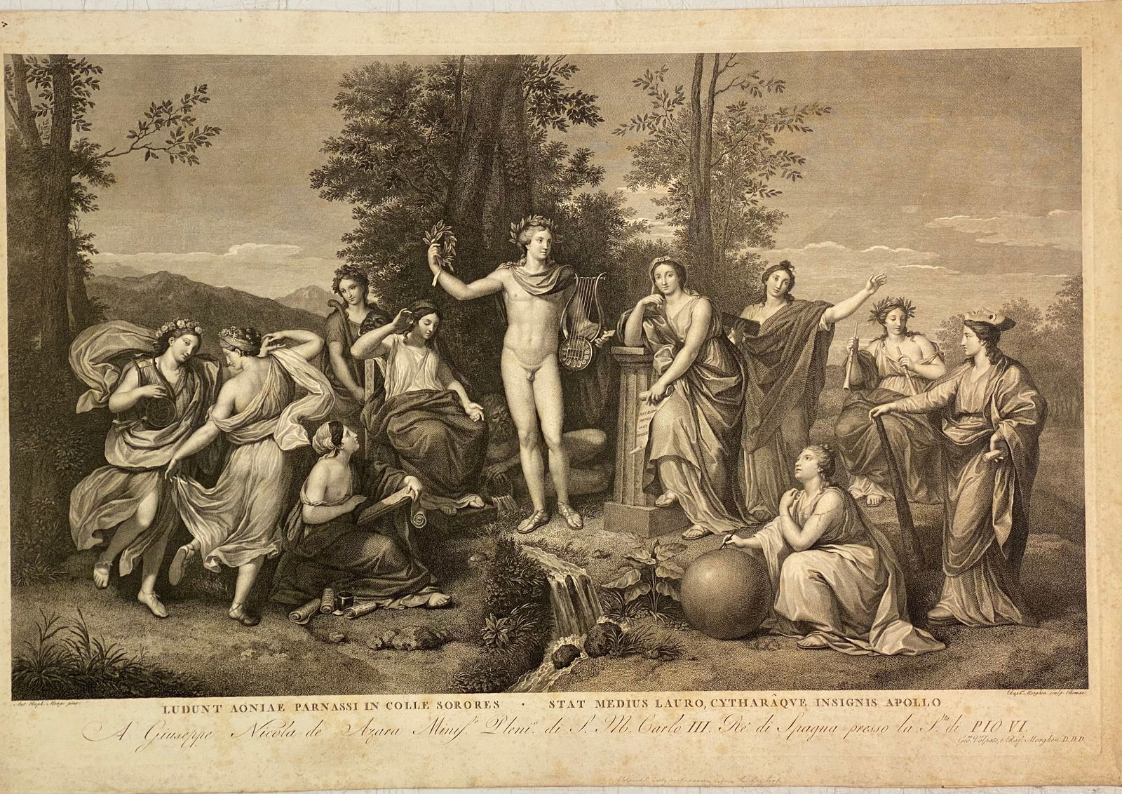 Apollo and the Muses on Parnassus Raphael Morghen Italian Engraving Anton Raphael Mengs German 1784: Apollo and the Muses on ParnassusRaphael Morghen ItalianAfter Anton Raphael Mengs German1784..One of the most significant commissions of the eighteenth century was the Parnassus painted by Mengs in 17