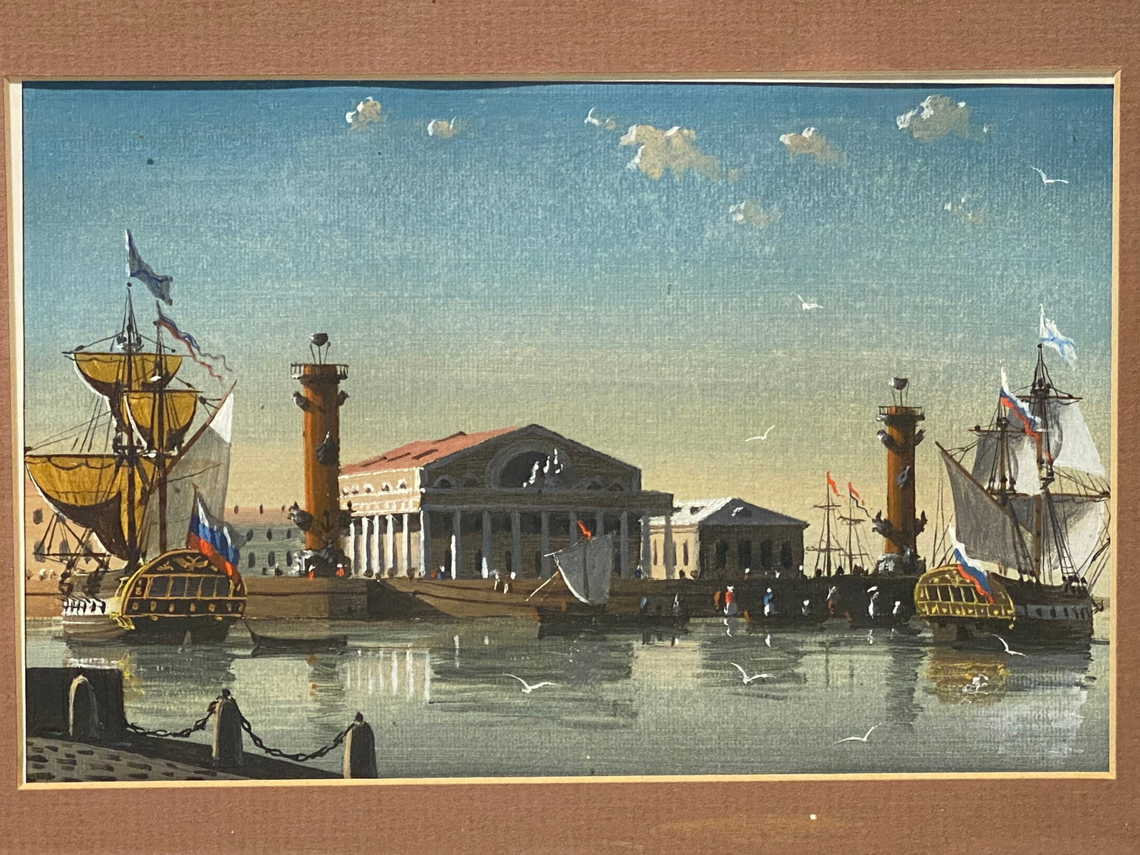 Gouache painting of Old Saint Petersburg Stock Exchange (Bourse): a painting depicting a view of the Old Saint Petersburg Stock Exchange (Bourse) and the Rostral Columns on Vasilyevsky Island in Saint Petersburg, Russia. Image size 5 1/2” x 8 1/2”..With 