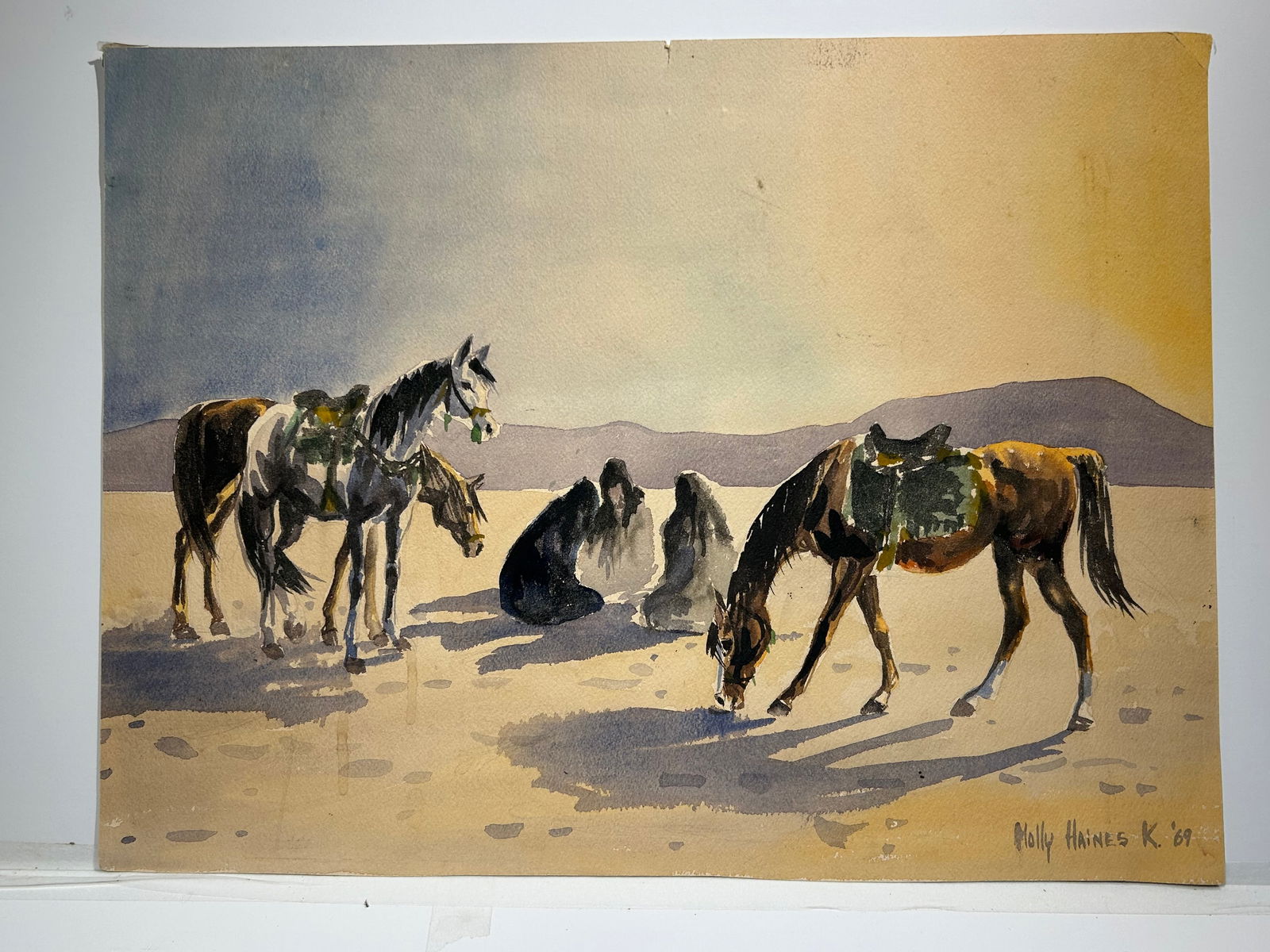 Vintage Watercolor painting of horses signed Molly Haines K. 1969: Vintage Watercolor painting of horses signed Molly Haines K. 1969.. 14” x 19”