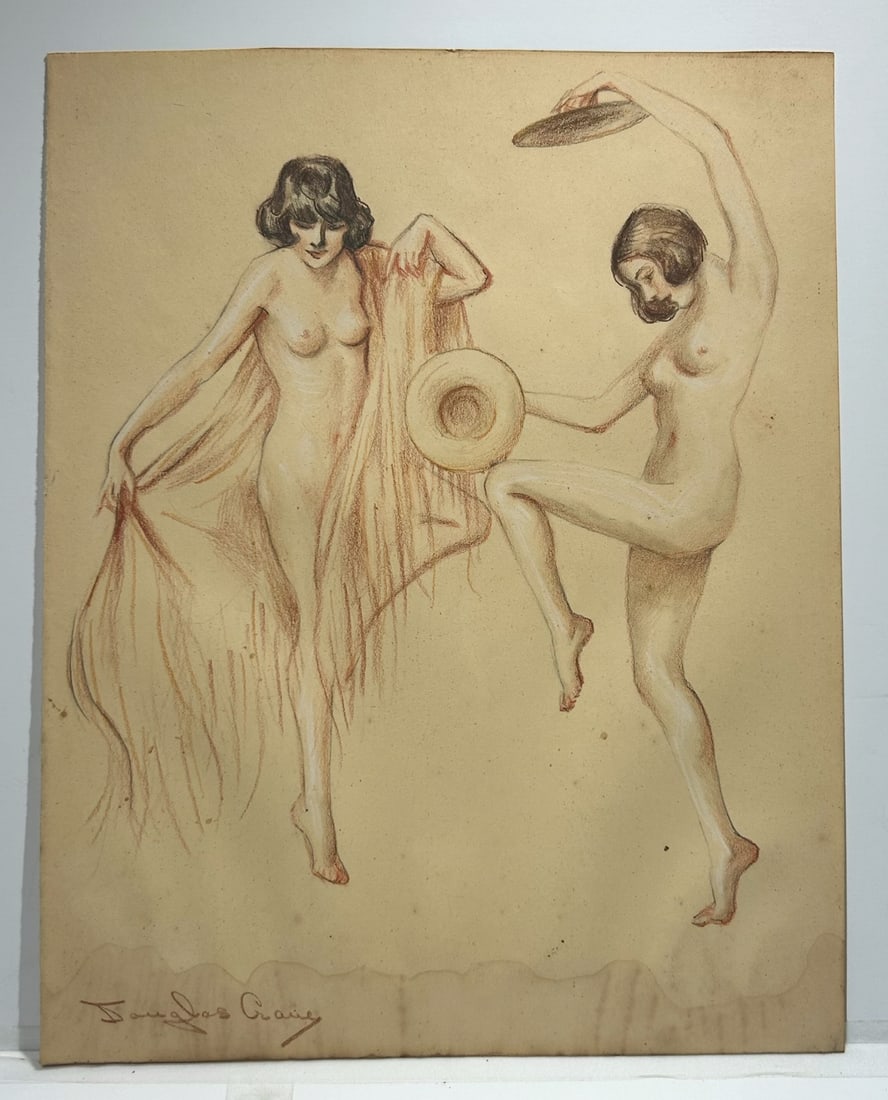 Vintage colored pencil drawing of 2 dancing nude signed Douglas ????: Vintage colored pencil drawing of 2 dancing nude signed Douglas ????…12” x 15”—