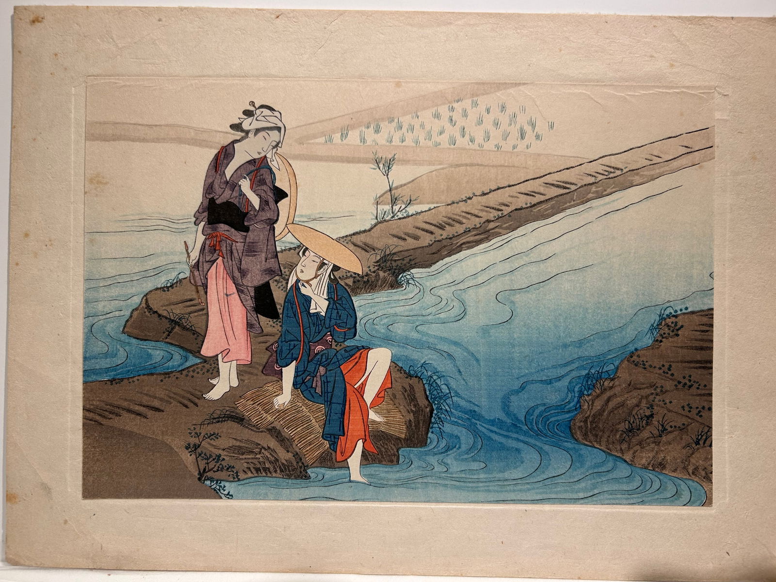 Japanese Woodblock Print Ukiyo-e "Two women on a stream" Taisho-Showa: Japanese Woodblock Print Ukiyo-e "Two women on a stream" Taisho-Showa—- 8” x 12”