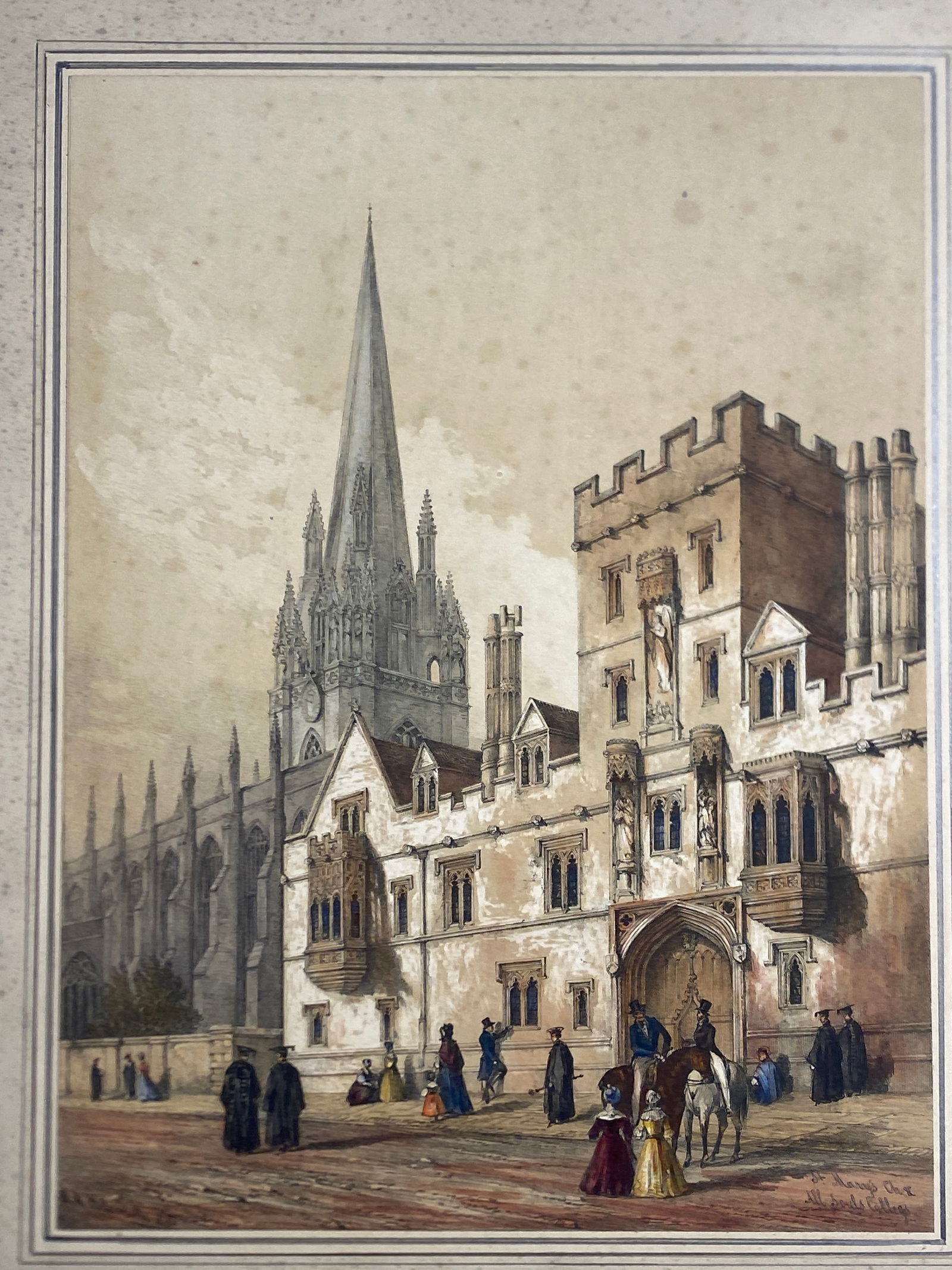 Oxford University Orignal hand colored Lithographs Maker: William Delamotte 1841: Oxford University Orignal hand colored Lithographs Maker: William Delamotte 1841..Images 10” x 13 3/4”.. with hand drawn mats 17” x 21 1/2”..SomeFoxing—see pics