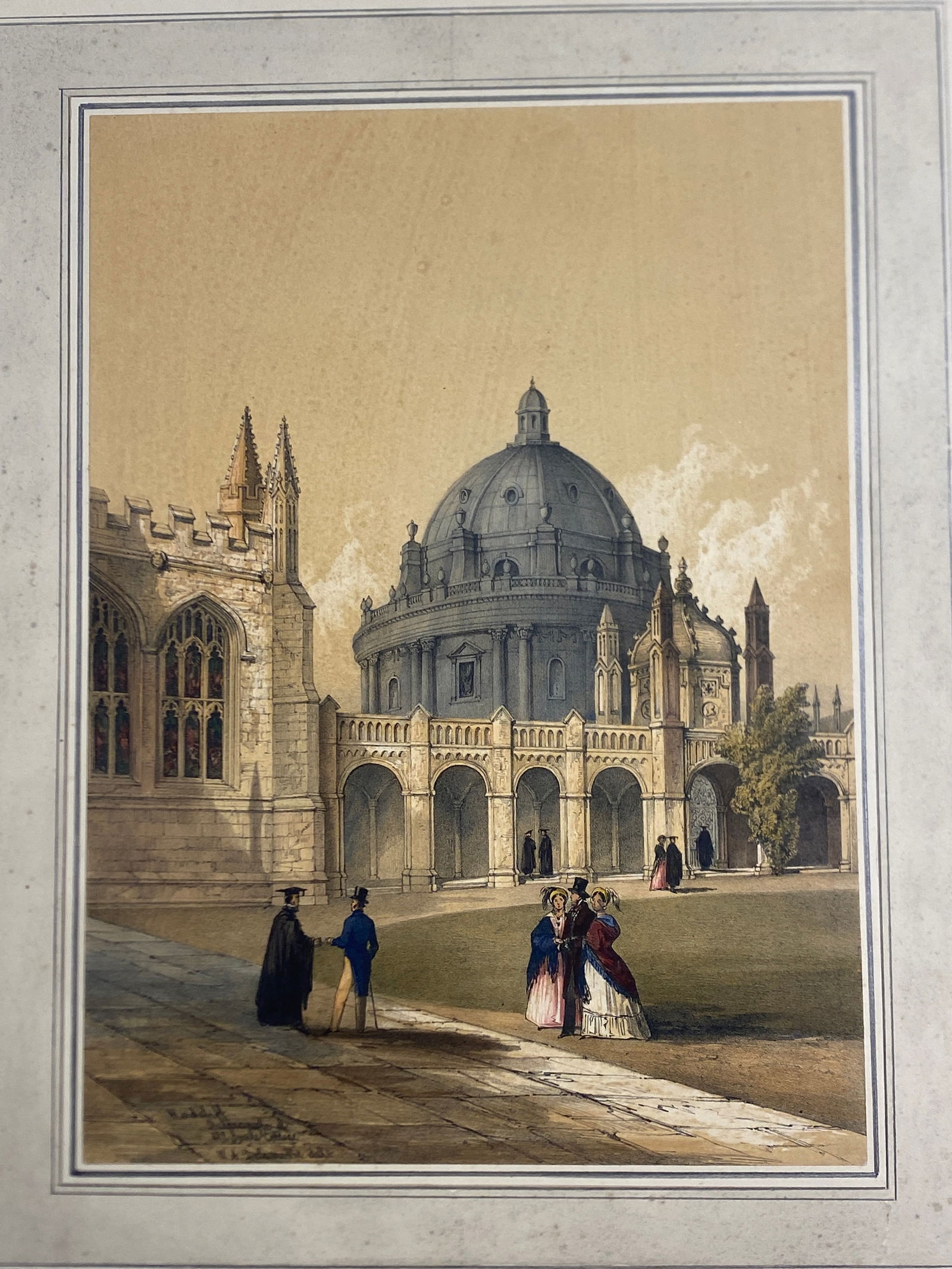 Oxford University Orignal hand colored Lithographs Maker: William Delamotte 1841: Oxford University Orignal hand colored Lithographs Maker: William Delamotte 1841..Images 10” x 13 3/4”.. with hand drawn mats 17” x 21 1/2”..SomeFoxing—see pics