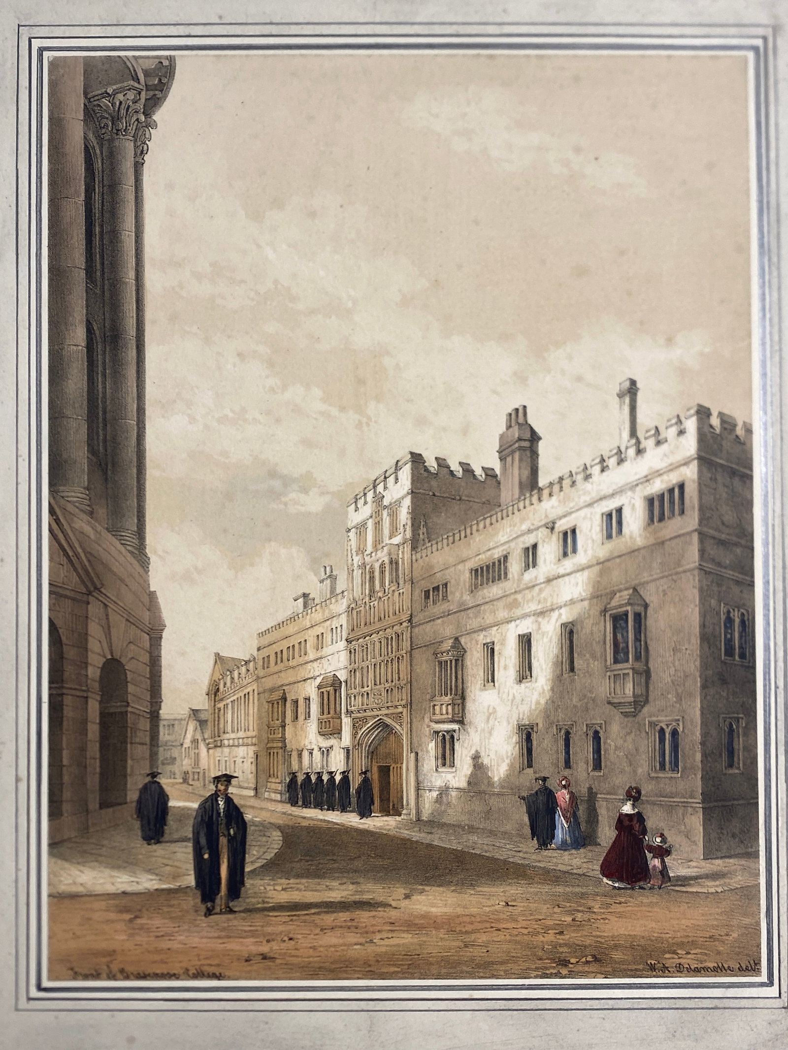 Oxford University Orignal hand colored Lithographs Maker: William Delamotte 1841: Oxford University Orignal hand colored Lithographs Maker: William Delamotte 1841..Images 10” x 13 3/4”.. with hand drawn mats 17” x 21 1/2”..SomeFoxing—see pics