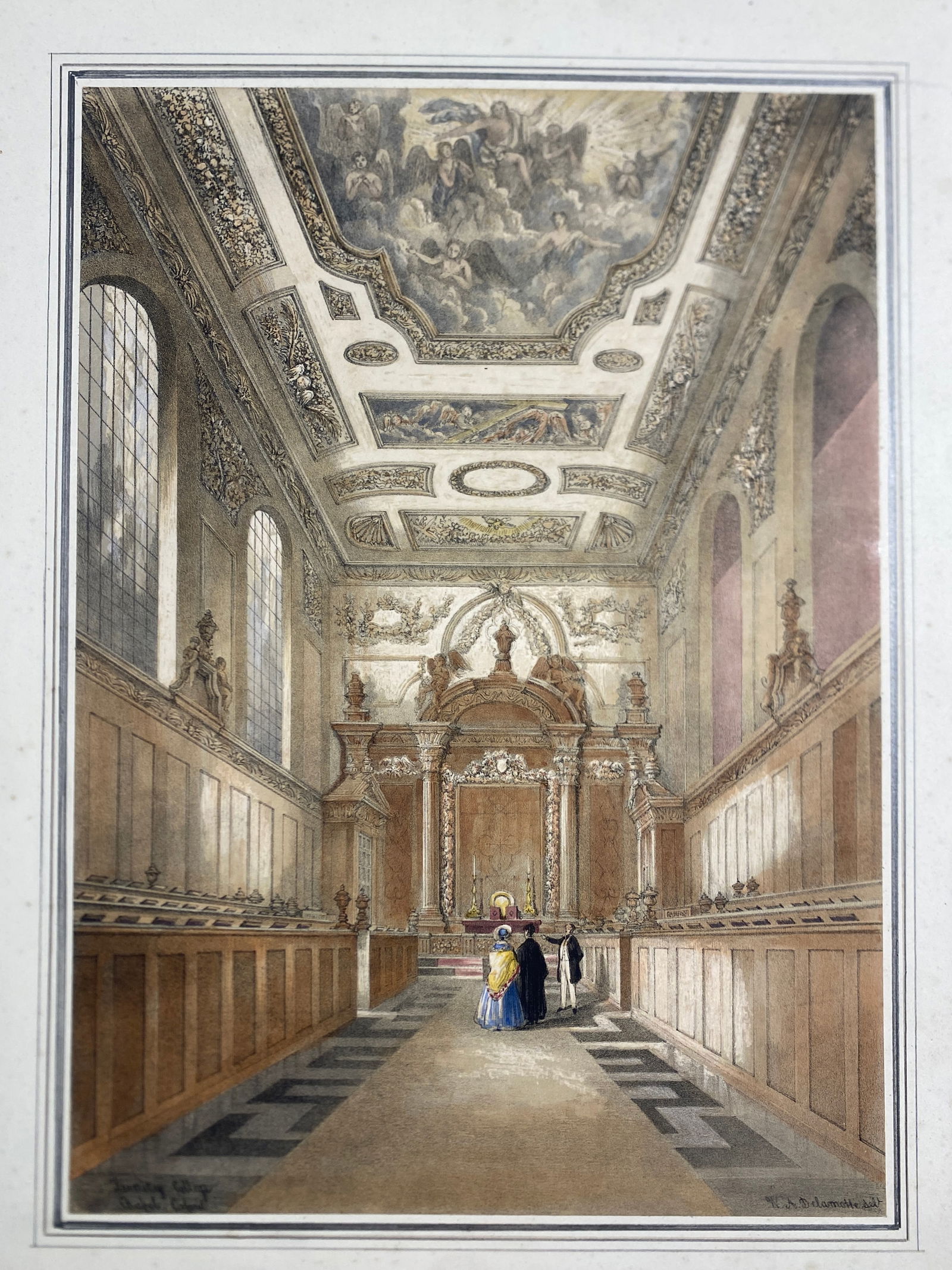 Oxford University Orignal hand colored Lithographs Maker: William Delamotte 1841: Oxford University Orignal hand colored Lithographs Maker: William Delamotte 1841..Images 10” x 13 3/4”.. with hand drawn mats 17” x 21 1/2”..SomeFoxing—see pics