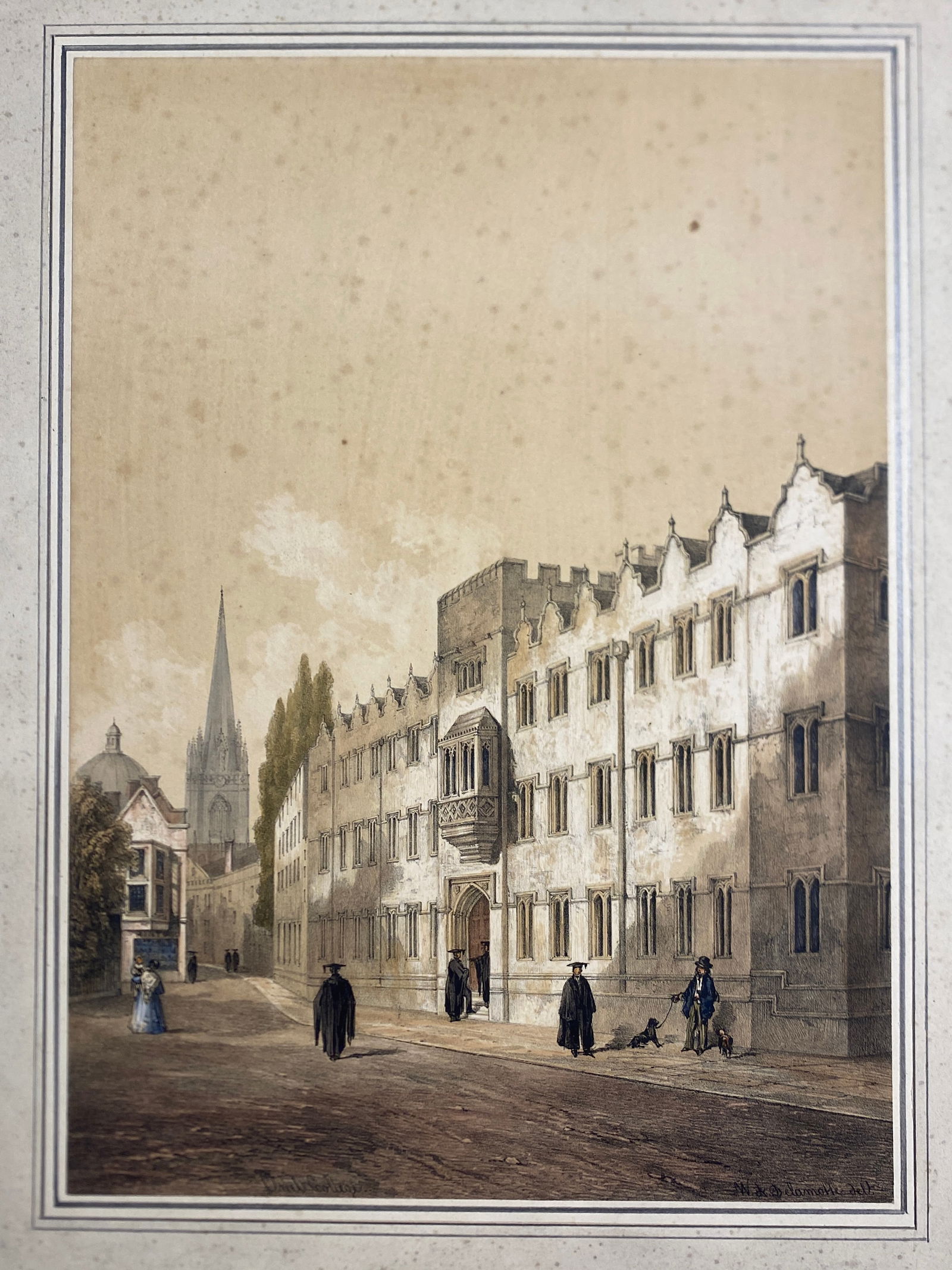 Oxford University Orignal hand colored Lithographs Maker: William Delamotte 1841: Oxford University Orignal hand colored Lithographs Maker: William Delamotte 1841..Images 10” x 13 3/4”.. with hand drawn mats 17” x 21 1/2”..SomeFoxing—see pics