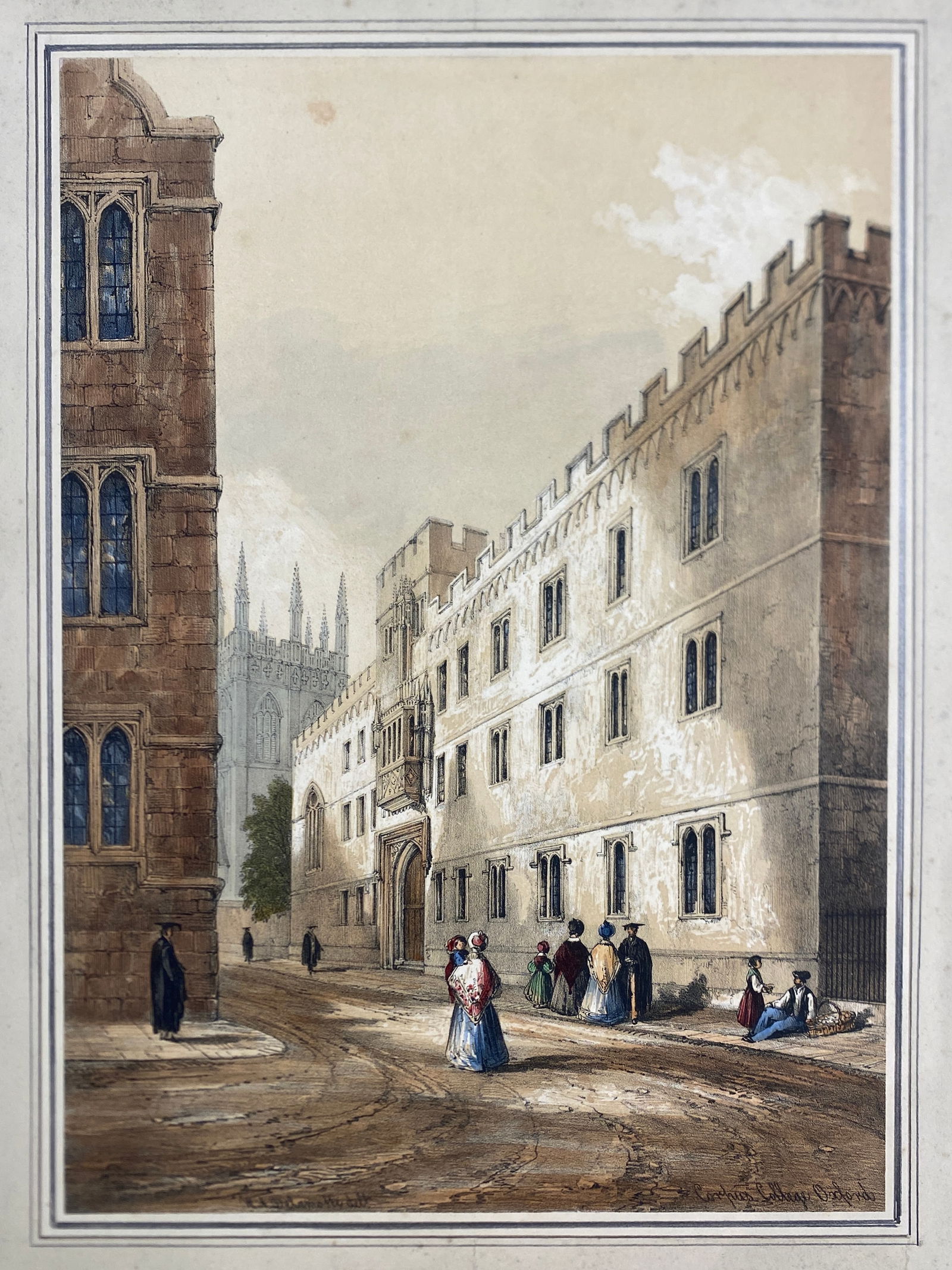 Oxford University Orignal hand colored Lithographs Maker: William Delamotte 1841: Oxford University Orignal hand colored Lithographs Maker: William Delamotte 1841..Images 10” x 13 3/4”.. with hand drawn mats 17” x 21 1/2”..SomeFoxing—see pics