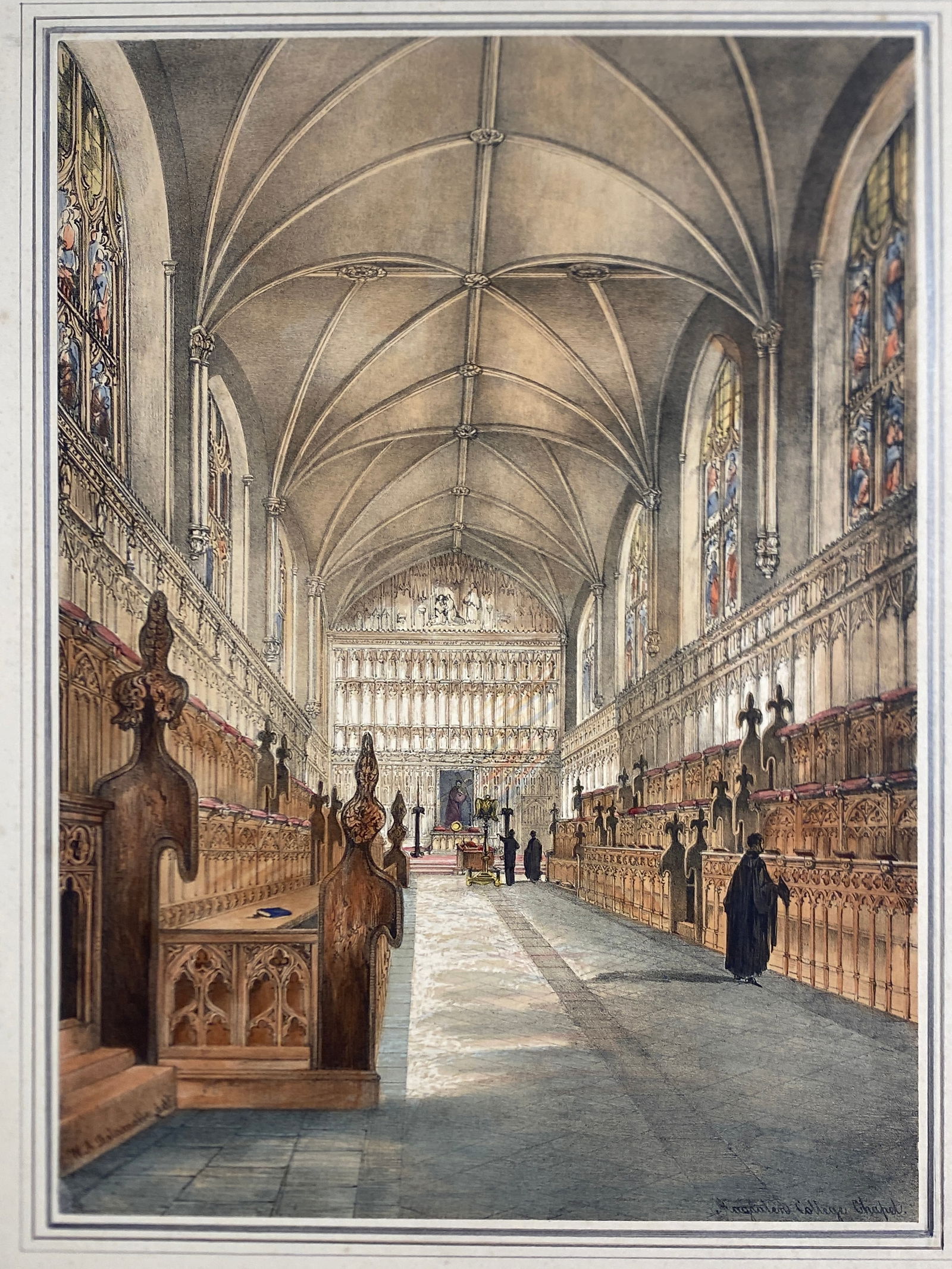 Oxford University Orignal hand colored Lithographs Maker: William Delamotte 1841: Oxford University Orignal hand colored Lithographs Maker: William Delamotte 1841..Images 10” x 13 3/4”.. with hand drawn mats 17” x 21 1/2”..SomeFoxing—see pics
