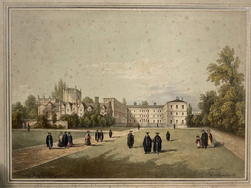 Oxford University Orignal hand colored Lithographs Maker: William Delamotte 1841: Oxford University Orignal hand colored Lithographs Maker: William Delamotte 1841..Images 10” x 13 3/4”.. with hand drawn mats 17” x 21 1/2”..SomeFoxing—see pics