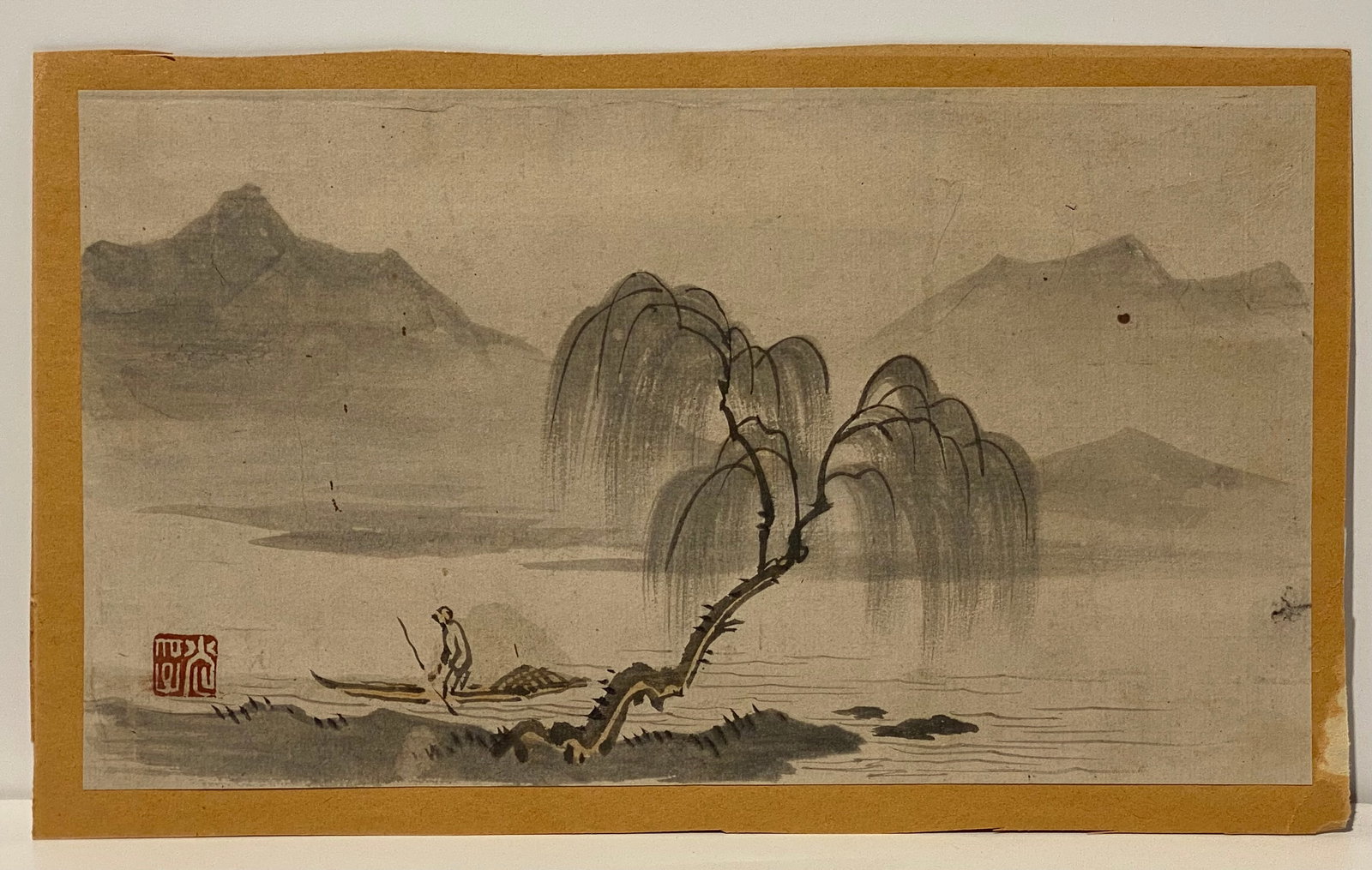 Vintage Chinese watercolor with Chopmark Man in boat: Vintage Chinese watercolor with Chopmark Man in boat..5 1/4” x 9 1/2”..