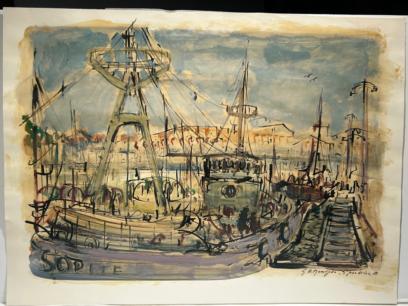 Garabed A. Momdjian (1922–2006).painting of Saint-Jean-de-Luz France 1958: Garabed A. Momdjian (1922–2006).painting of Saint-Jean-de-Luz France 1958..Size is 16” x 22”.. oil and mixed media on paper..