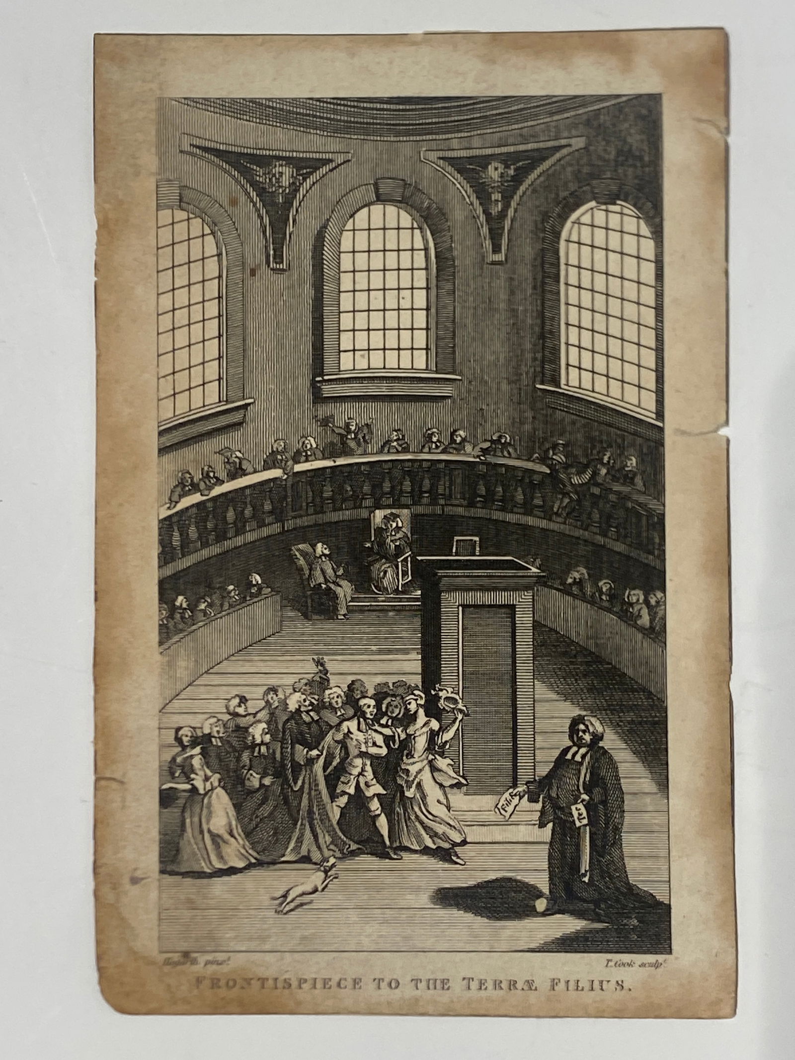 Frontispiece to the Terrae Filius by William Hogarth, created around 1726 copperplate engraving RARE: Frontispiece to the Terrae Filius by William Hogarth, created around 1726 copperplate engraving RARE—Image 3 1/8” x 5 1/4”.. with margins 4” x 6 1/8”..