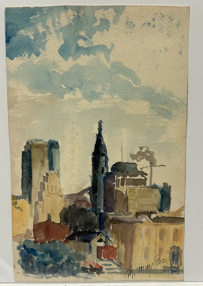 M May Gray mid century watercolor of city: M May Gray mid century watercolor of city.. 6” x 9 1/2”