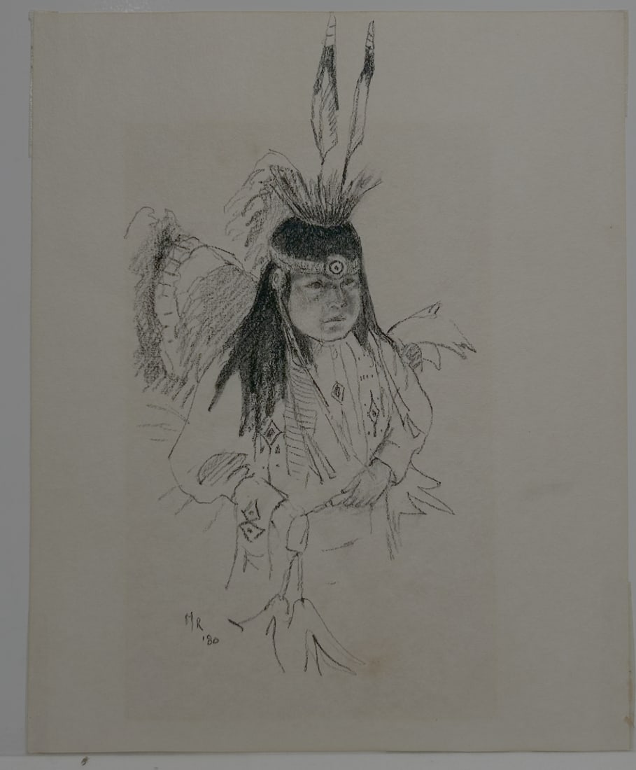 Original drawing of Native American child with head dress: Original drawing of Native American child with head dress.. size is 8” x 10”