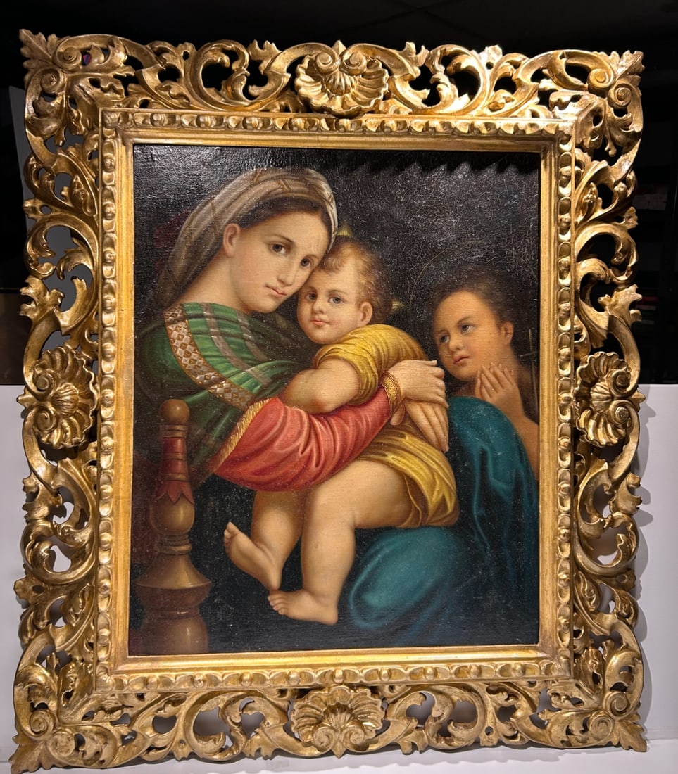 18th century Madonna oil painting after Raphael laid on pressed board hand carved beautiful frame (1 of 3)