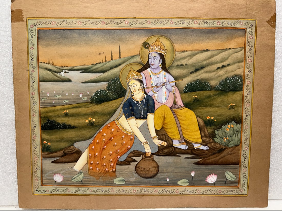 Antique Indian painting of Radha Krishna In Love Scene: Religious Painting Of Radha Krishna In Love Scene Art On Silk Cloth 11x7 Inches..