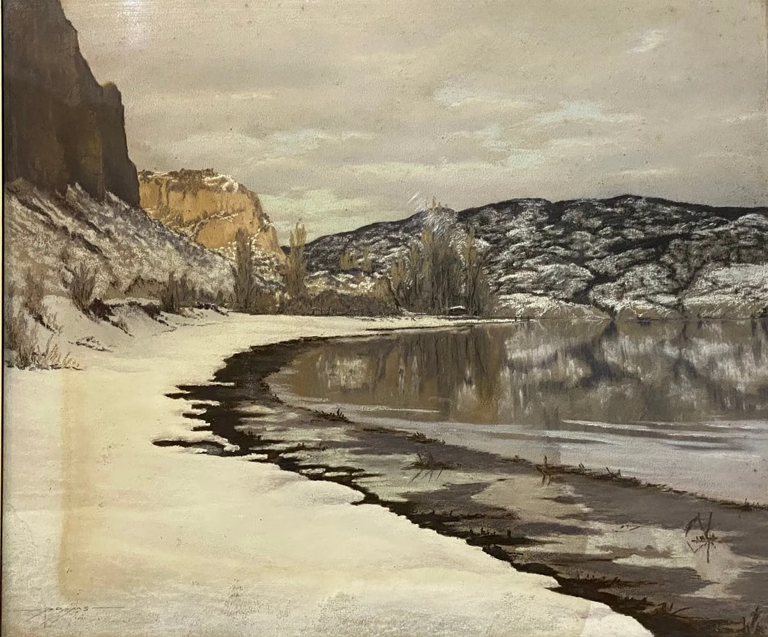 Photo realistic Pastel Painting signed Adams Snowy landscape: Photo realistic Pastel Painting signed Adams Snowy landscape..Image 19 1/2" x 16 1/2"...total frame size is 24" x 21"..Has some discoloration.. See pics.. all items eligible for combined shipping.....