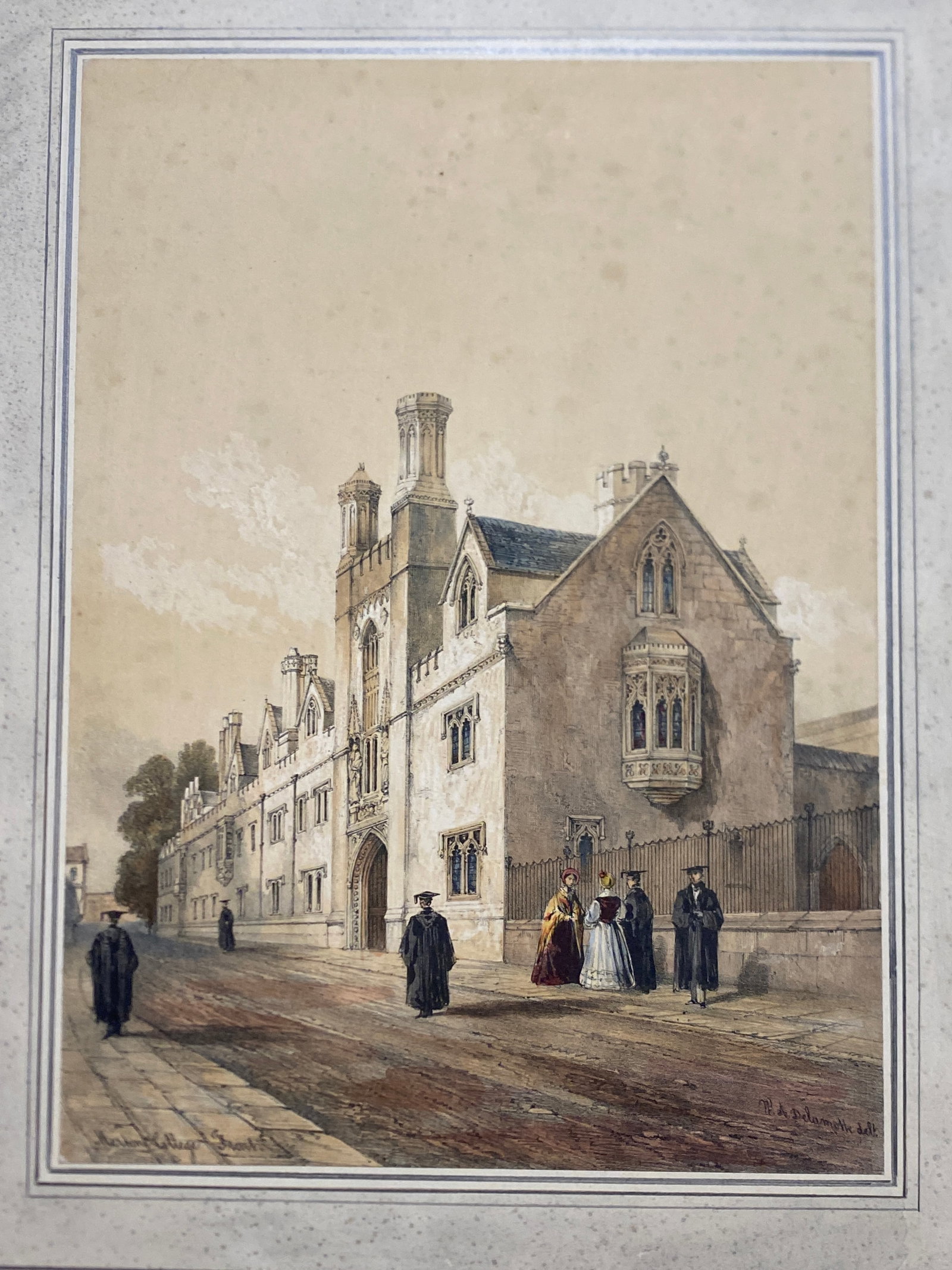 William Delamotte 1841 Oxford University Orignal hand colored Lithograph: Oxford University Orignal hand colored Lithographs: William Delamotte 1841..Images 10” x 13 3/4”.. with hand drawn mats 17” x 21 1/2”..Some Foxing—see pics