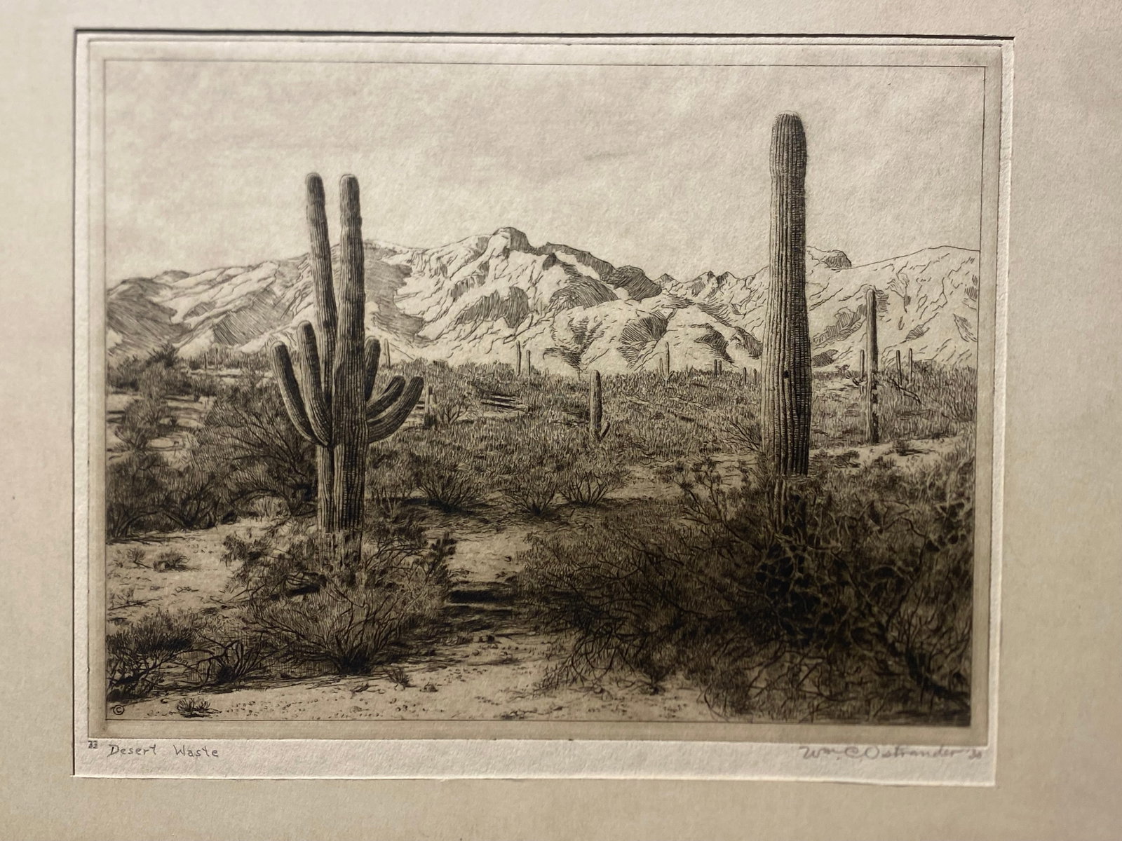 "Desert Waste," drypoint etching by William Ostrander Signed: Drypoint etching in black ink on heavy cream wove paper, 6 5/8 x 8 1/8 inches (167 x 203 mm), full margins. Signed and titled in pencil in the lower margin. In very good condition with minor mat and l