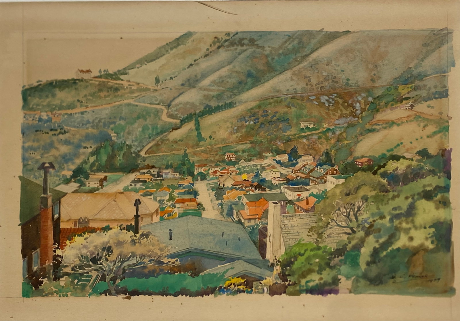 George C Pearce 1881-1960 Amazing Watercolor Painting California Artist: George C Pearce 1881-1960..Image size is 12" x 8 3/4"....Born in England in April 1881. By the 1920s Pearce had settled in San Francisco. He worked in the San Francisco Bay area in commercial art duri