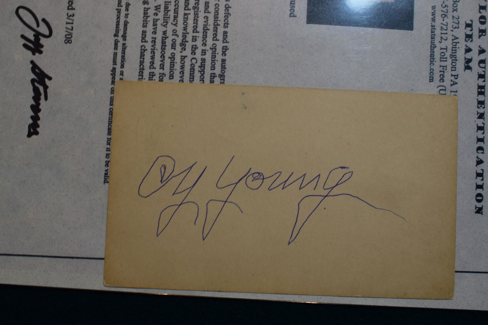 Cy Young HOF signed postcard W/ COA (1 of 1)