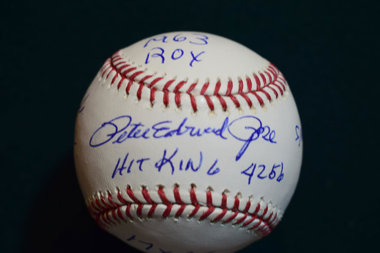 Pete Rose signed STAT ball with many inscriptions. (1 of 4)